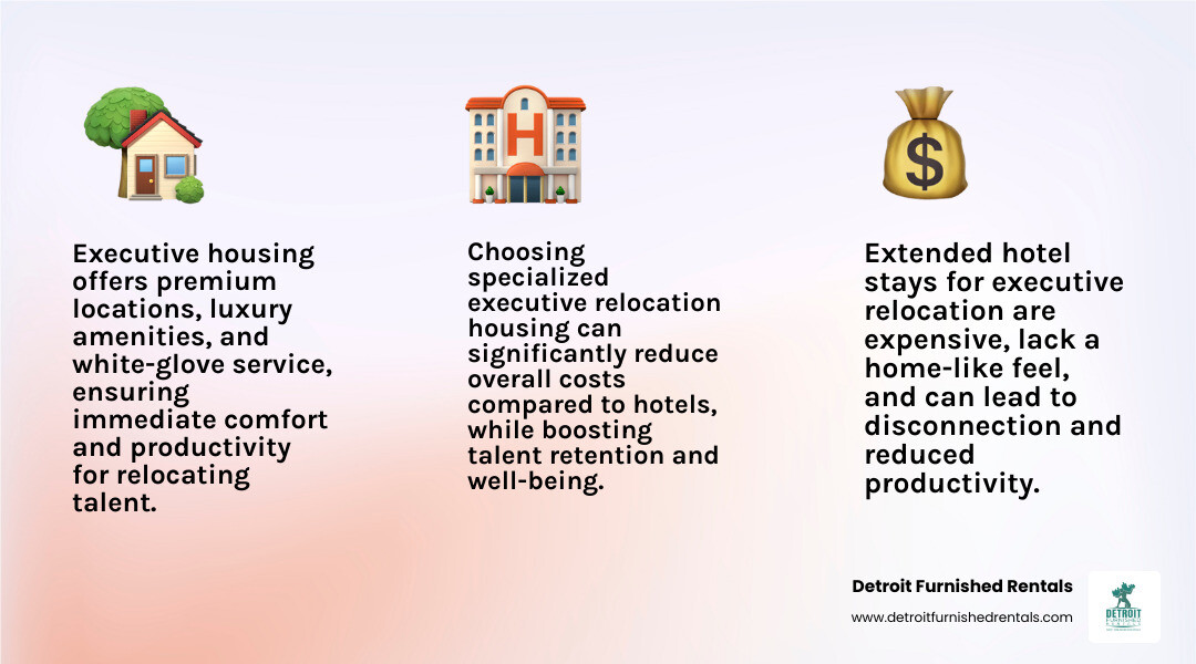 Infographic comparing hotel stays versus executive relocation housing, showing cost breakdown over 30-90 days, amenities included, space comparison, flexibility of lease terms, and productivity benefits with dedicated workspace versus hotel desk - Executive relocation housing infographic 3_facts_emoji_light-gradient Infographic comparing hotel stays versus executive relocation housing, showing cost breakdown over 30-90 days, amenities included, space comparison, flexibility of lease terms, and productivity benefits with dedicated workspace versus hotel desk - Executive relocation housing infographic 3_facts_emoji_light-gradient