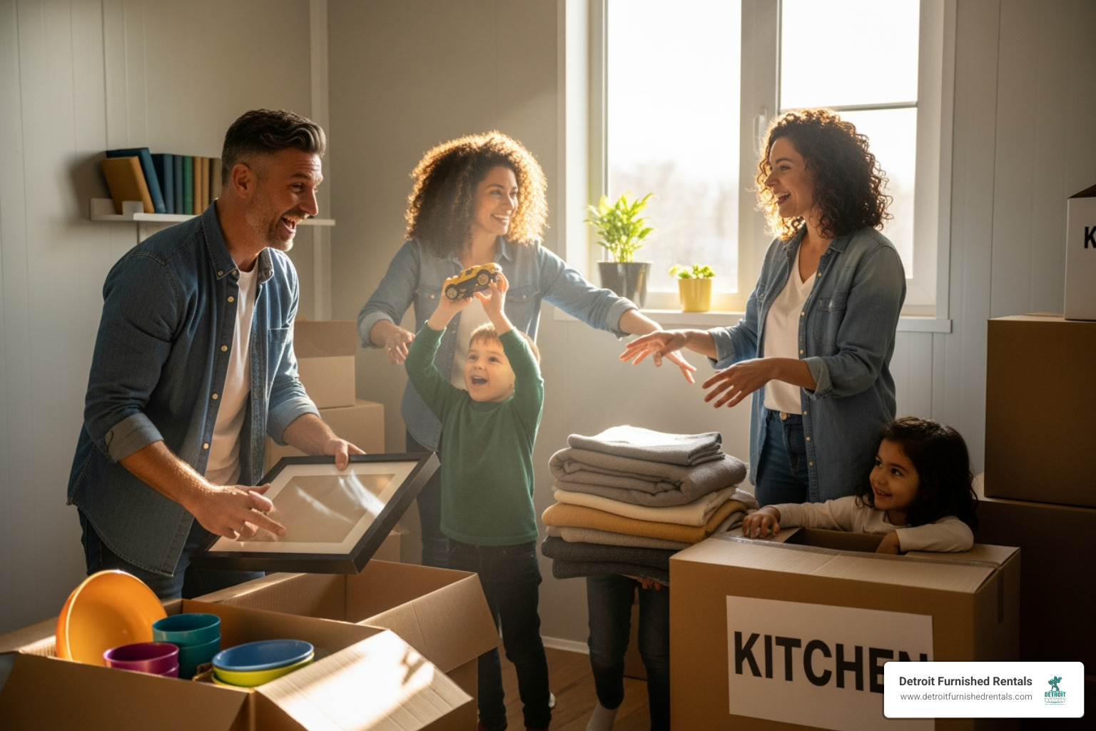 Family happily unpacking in their new temporary home - Executive relocation housing Family happily unpacking in their new temporary home - Executive relocation housing