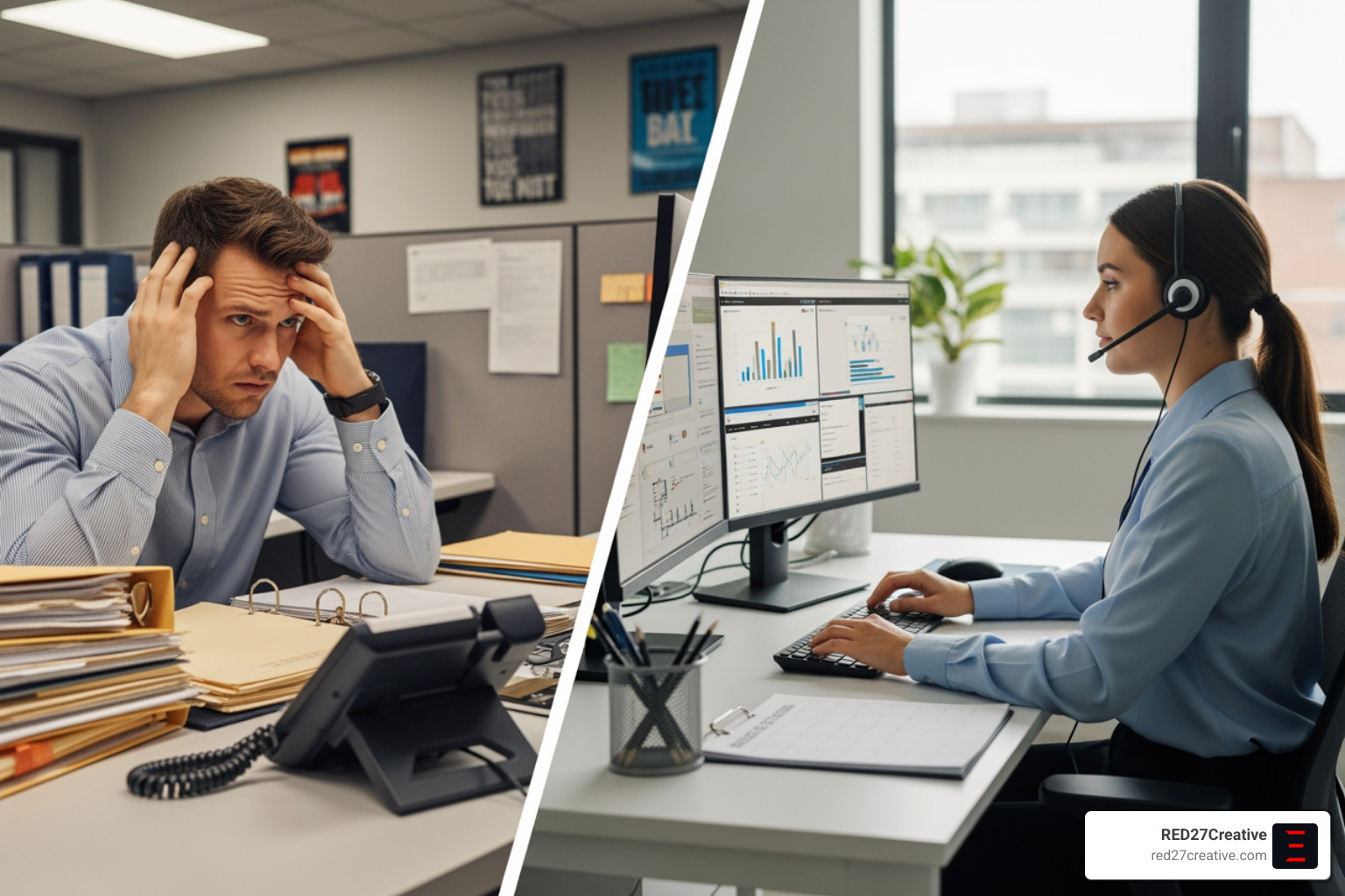 A split-screen image illustrating the contrast between an in-house sales team struggling with lead generation and an outsourced agency efficiently handling appointment setting. - qualified appointment setting services A split-screen image illustrating the contrast between an in-house sales team struggling with lead generation and an outsourced agency efficiently handling appointment setting. - qualified appointment setting services