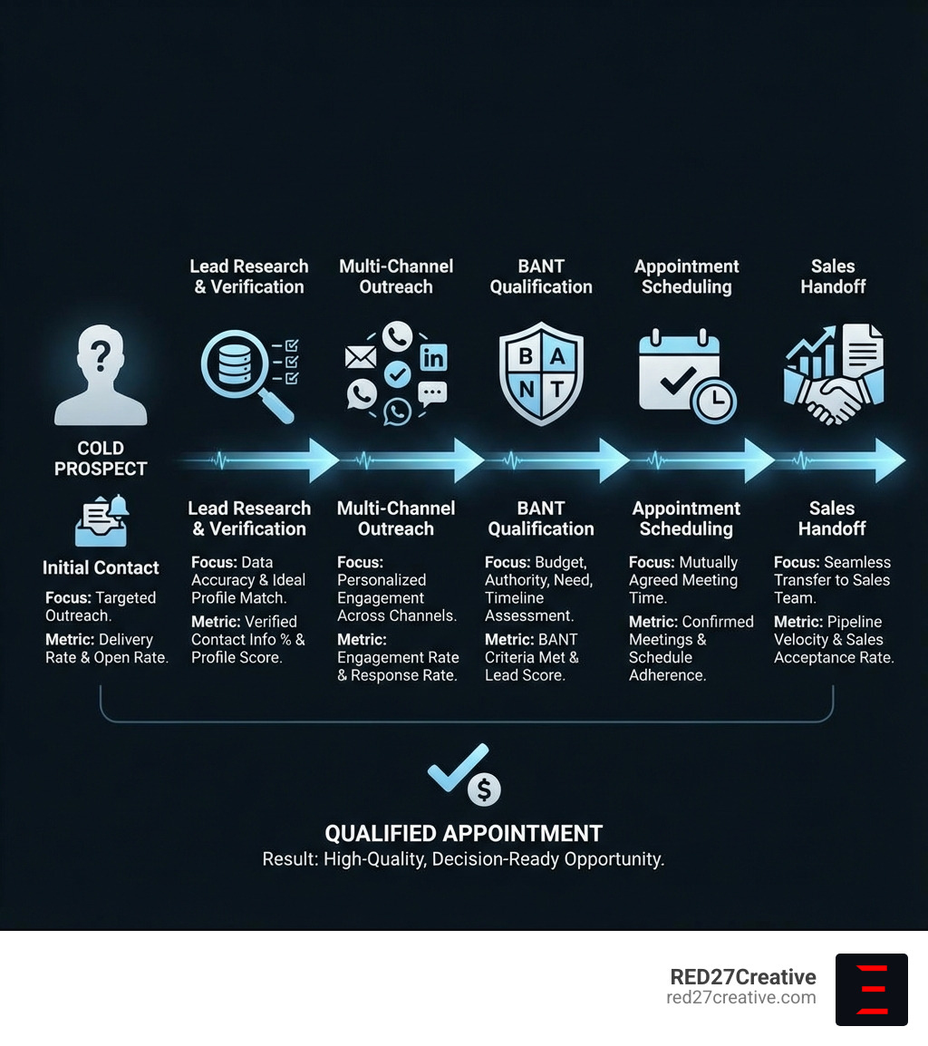 Infographic showing the lead qualification journey from cold prospect to qualified appointment, including stages: Initial Contact, Lead Research & Verification, Multi-Channel Outreach, BANT Qualification, Appointment Scheduling, and Sales Handoff with key metrics at each stage - qualified appointment setting services infographic Infographic showing the lead qualification journey from cold prospect to qualified appointment, including stages: Initial Contact, Lead Research & Verification, Multi-Channel Outreach, BANT Qualification, Appointment Scheduling, and Sales Handoff with key metrics at each stage - qualified appointment setting services infographic