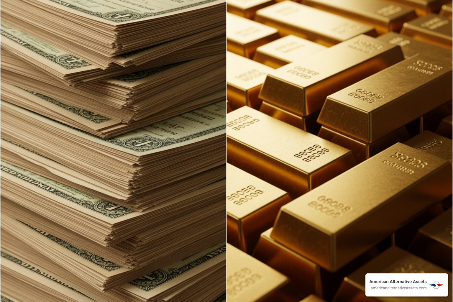 of a split screen comparing paper stock certificates to physical gold bars - gold IRA 401k