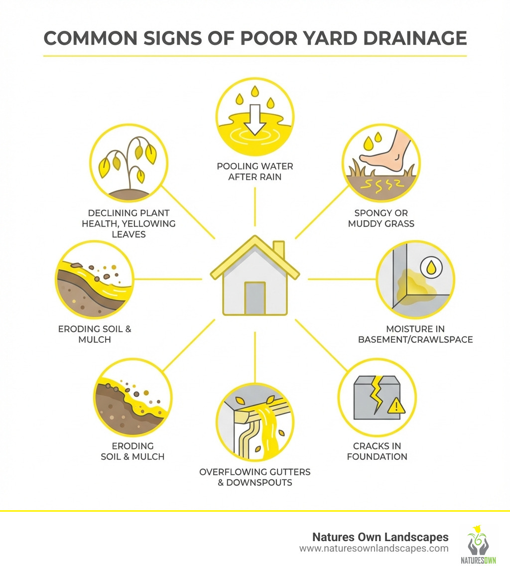 infographic showing common signs of poor yard drainage including pooling water after rain, spongy or muddy grass, moisture in basement or crawlspace, cracks in foundation, overflowing gutters and downspouts, eroding soil and mulch, and declining plant health with yellowing leaves - landscape drainage solutions infographic 