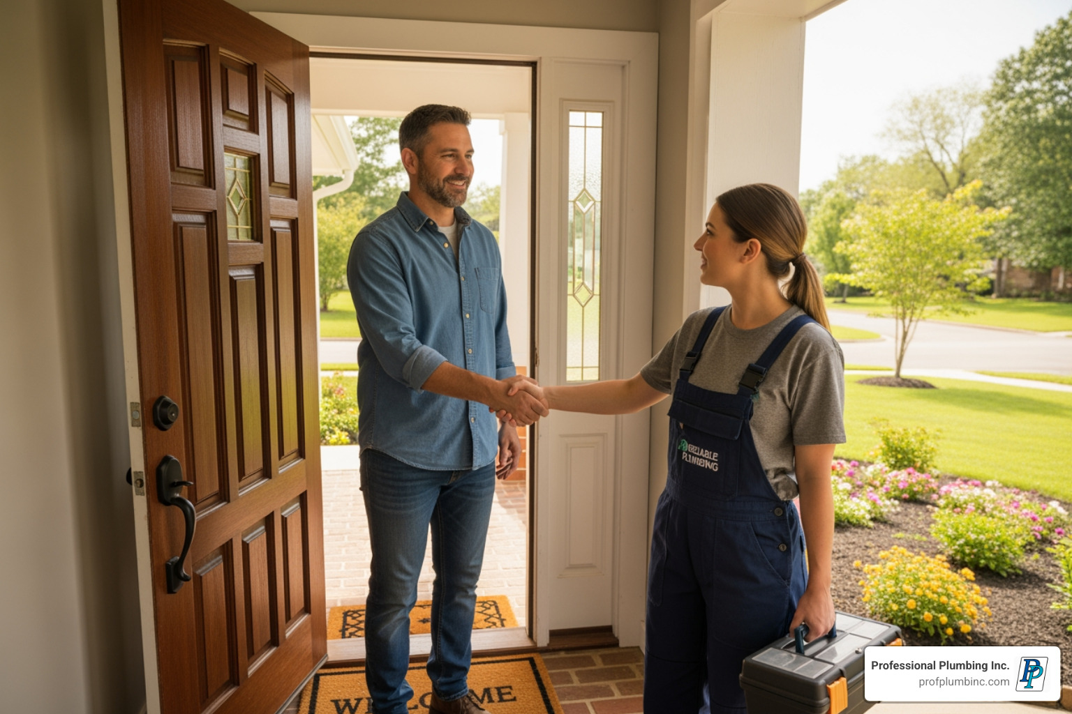 homeowner shaking hands with a plumber at their front door - Best Plumber in Newport Beach