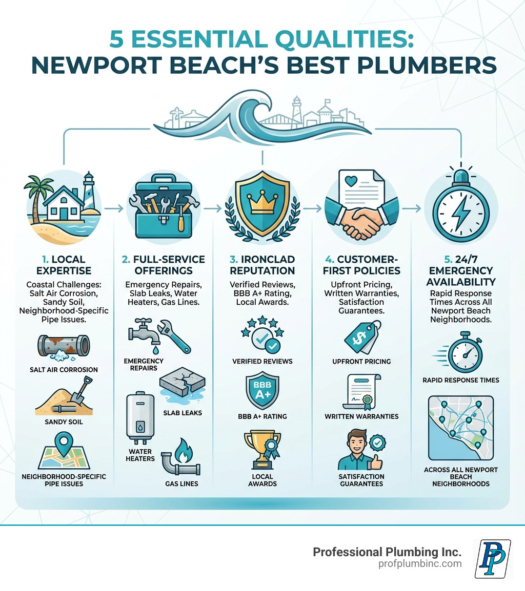 Infographic showing the 5 essential qualities of Newport Beach's best plumbers: 1) Local Expertise with coastal plumbing challenges like salt air corrosion and sandy soil; 2) Full-Service Offerings including emergency repairs, slab leaks, water heaters, and gas lines; 3) Ironclad Reputation with verified reviews, BBB A+ rating, and local awards; 4) Customer-First Policies with upfront pricing, written warranties, and satisfaction guarantees; 5) 24/7 Emergency Availability with rapid response times across all Newport Beach neighborhoods - Best Plumber in Newport Beach infographic 