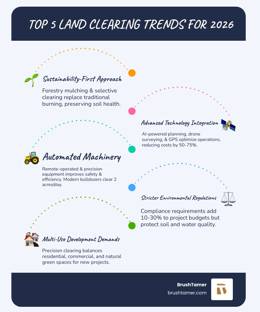 detailed infographic displaying 2026 land clearing trends with statistics: sustainability methods showing 65% decline in traditional burning, technology adoption with 50-75% cost reduction through satellite planning, equipment market growth at 7.4% CAGR, average clearing costs by land type, regulatory impacts adding 10-30% to budgets, and the shift toward multi-use development with precision clearing requirements - land clearing trends infographic infographic-line-5-steps-blues-accent_colors