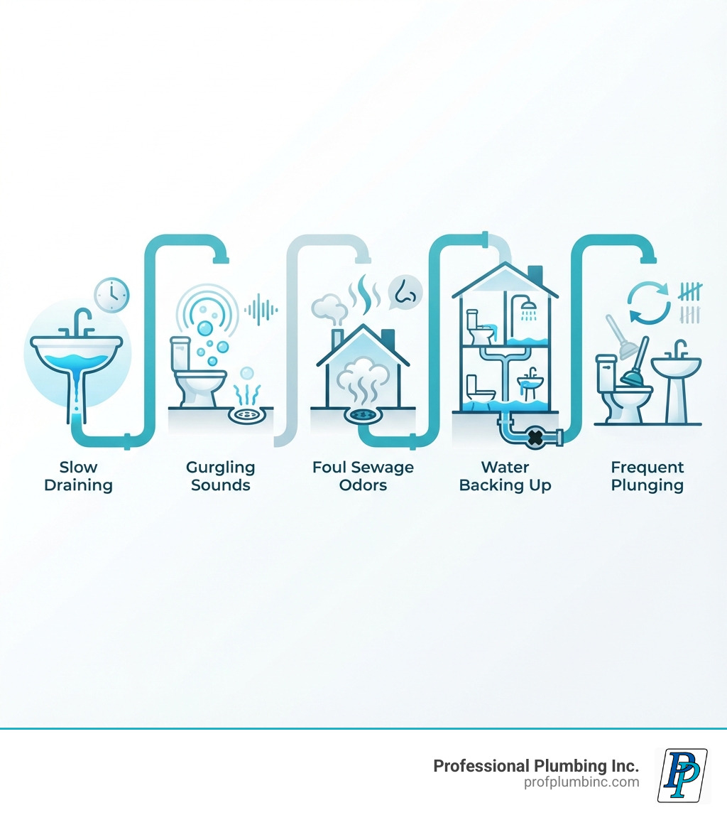 Infographic showing the top 5 warning signs of a clogged drain: 1. Water draining slowly from sinks or tubs, 2. Gurgling sounds coming from drains or toilets, 3. Foul sewage odors in your home or yard, 4. Water backing up in multiple fixtures, 5. Frequent need to plunge toilets or sinks - Clogged drain Newport Beach infographic Infographic showing the top 5 warning signs of a clogged drain: 1. Water draining slowly from sinks or tubs, 2. Gurgling sounds coming from drains or toilets, 3. Foul sewage odors in your home or yard, 4. Water backing up in multiple fixtures, 5. Frequent need to plunge toilets or sinks - Clogged drain Newport Beach infographic