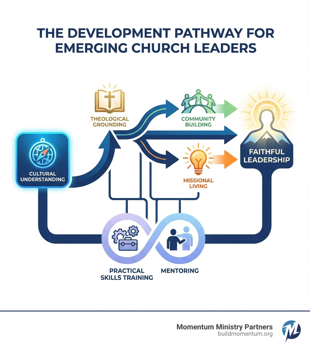 Infographic showing the development pathway for emerging church leaders: Cultural Understanding leads to Theological Grounding, which connects to Community Building and Missional Living, all supported by Practical Skills Training and Mentoring, resulting in Faithful Leadership - emerging church leaders infographic 