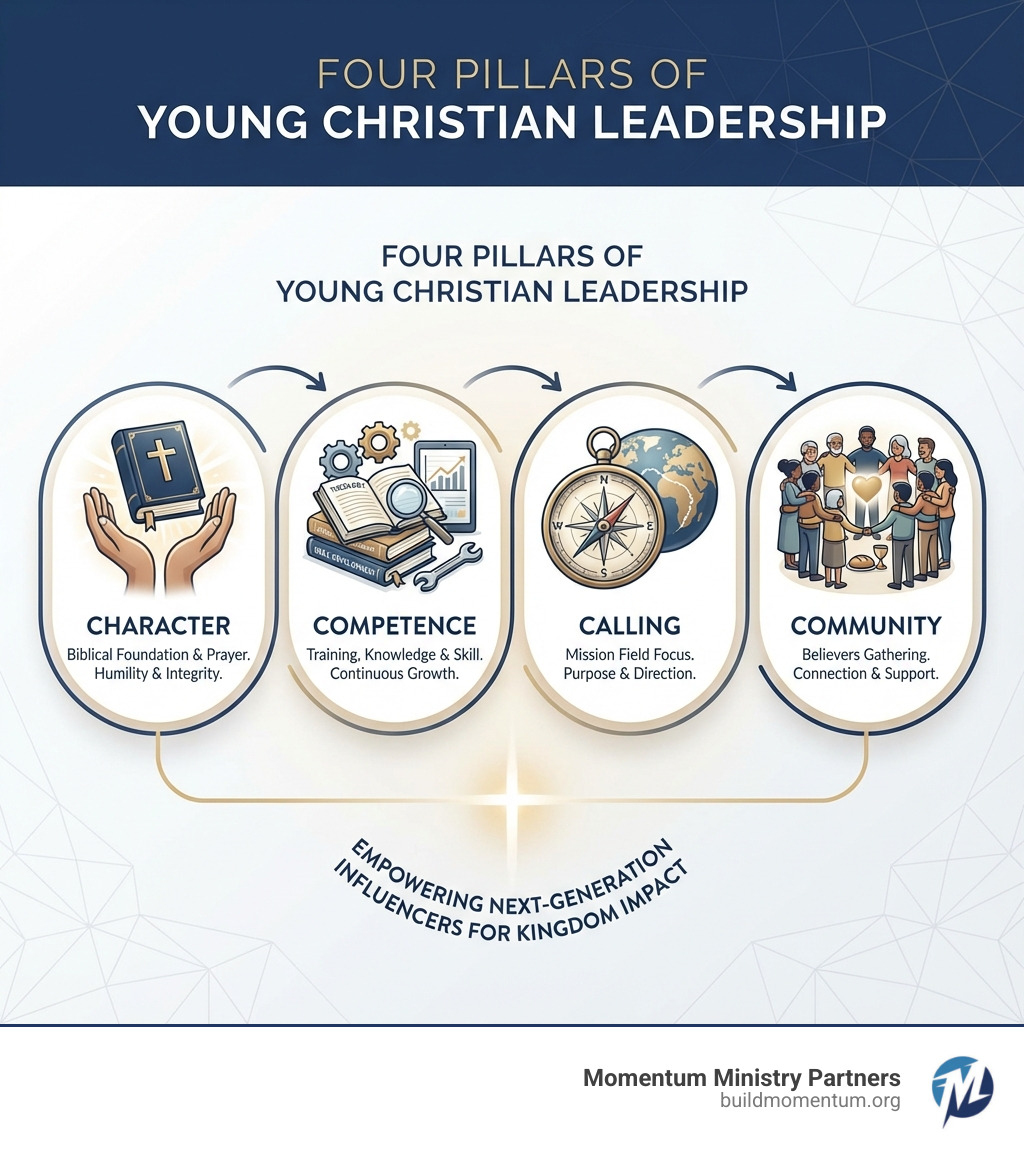 Infographic showing four key pillars of young Christian leadership: Character (Bible and praying hands), Competence (tools and books representing training), Calling (compass pointing to mission field), and Community (diverse group of believers gathering together) - young christian leaders infographic 