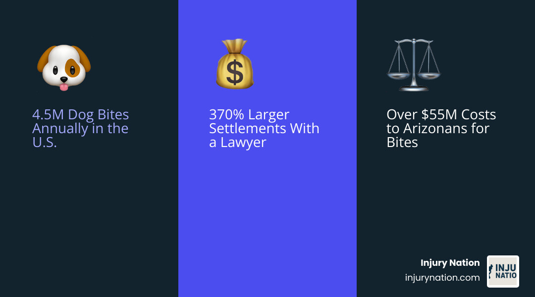 Infographic showing dog bite statistics in the U.S. and Arizona, including 4.5 million annual bites nationwide, over 30,000 Arizona ER visits in five years, $55 million in costs to Arizonans, approximately 50% of victims being children, and the fact that victims with qualified attorneys receive 370% more in settlements on average - Dog bite accident lawyer infographic 3_facts_emoji_blue