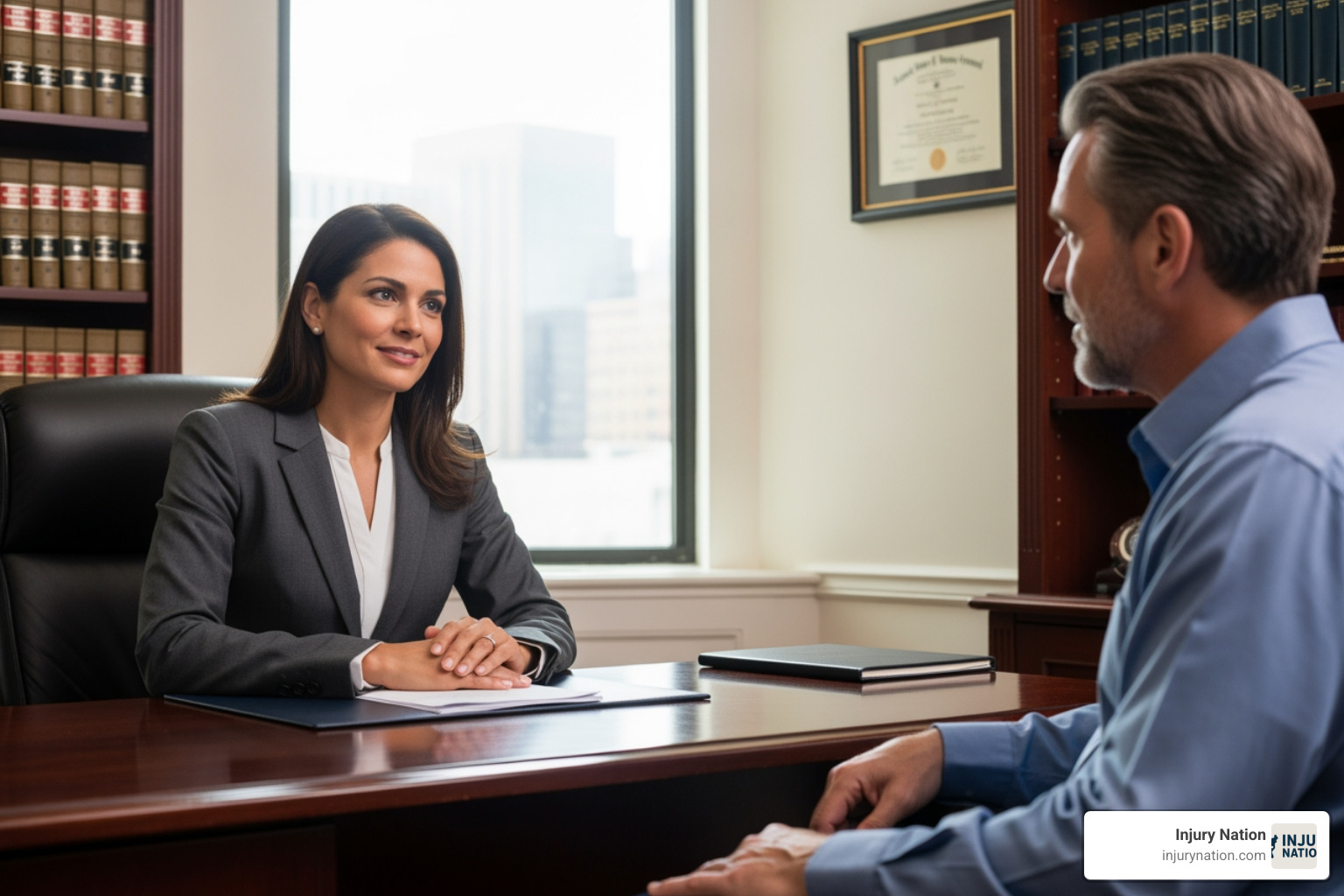 lawyer compassionately listening to a client in an office setting - Dog bite accident lawyer