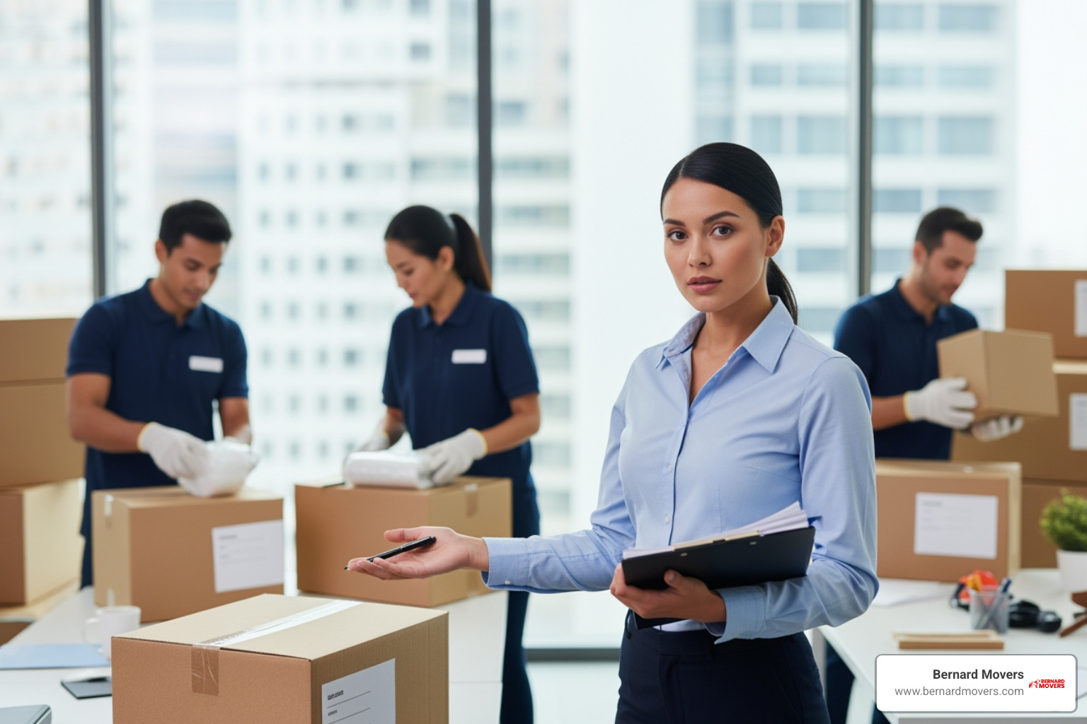 A moving coordinator with a clipboard overseeing packers in an office setting - Commercial packing services