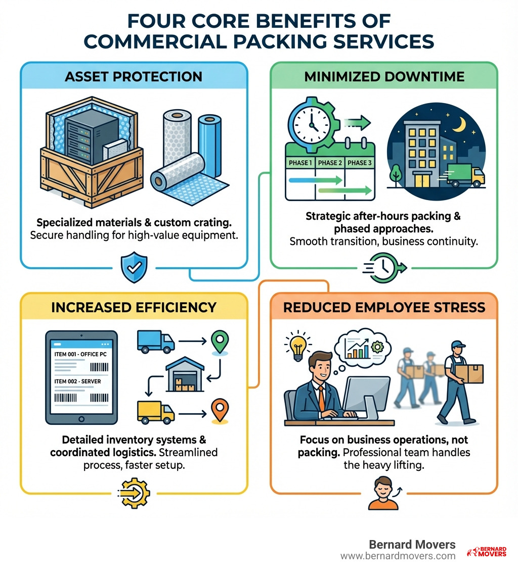 Infographic showing the four core benefits of commercial packing services: Asset Protection through specialized materials and custom crating, Minimized Downtime via strategic after-hours packing and phased approaches, Increased Efficiency from detailed inventory systems and coordinated logistics, and Reduced Employee Stress by allowing staff to focus on business operations instead of packing tasks - Commercial packing services infographic 