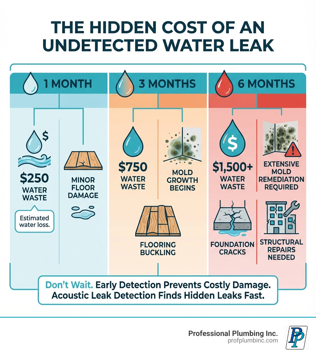Infographic showing the financial and structural cost of an undetected water leak over one month ($250 water waste, minor floor damage), three months ($750 water waste, mold growth begins, flooring buckling), and six months ($1,500+ water waste, foundation cracks, extensive mold remediation required, structural repairs needed) - acoustic leak detection infographic Infographic showing the financial and structural cost of an undetected water leak over one month ($250 water waste, minor floor damage), three months ($750 water waste, mold growth begins, flooring buckling), and six months ($1,500+ water waste, foundation cracks, extensive mold remediation required, structural repairs needed) - acoustic leak detection infographic