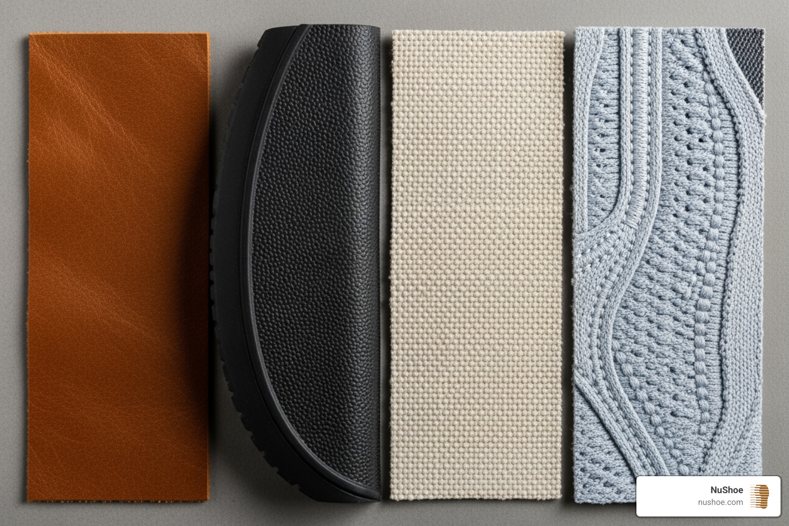 different shoe materials side-by-side: leather, rubber, canvas, and a synthetic sneaker material - adhesive for shoe