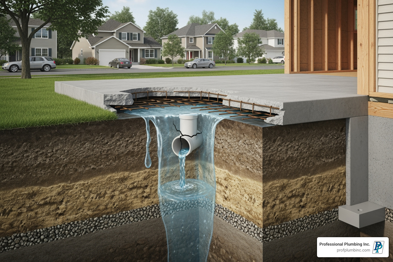 A cutaway diagram showing a house with pipes running beneath a concrete slab foundation, highlighting a leaking pipe causing water to seep into the ground, with a typical Garden Grove neighborhood street visible outside - leak detection garden grove A cutaway diagram showing a house with pipes running beneath a concrete slab foundation, highlighting a leaking pipe causing water to seep into the ground, with a typical Garden Grove neighborhood street visible outside - leak detection garden grove