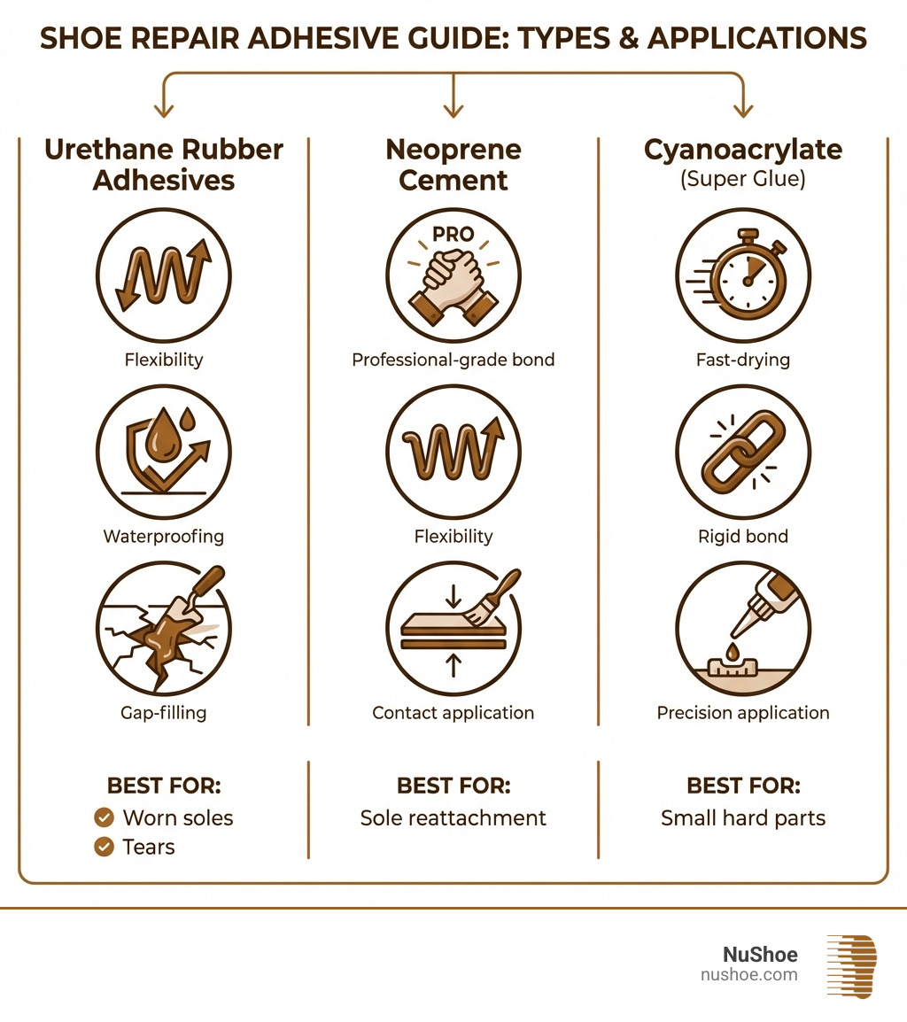 Infographic showing three columns: Column 1 titled "Urethane Rubber Adhesives" with icons for flexibility, waterproofing, and gap-filling, best for worn soles and tears; Column 2 titled "Neoprene Cement" with icons for professional-grade bond, flexibility, and contact application, best for sole reattachment; Column 3 titled "Cyanoacrylate" with icons for fast-drying, rigid bond, and precision application, best for small hard parts - adhesive for shoe infographic 