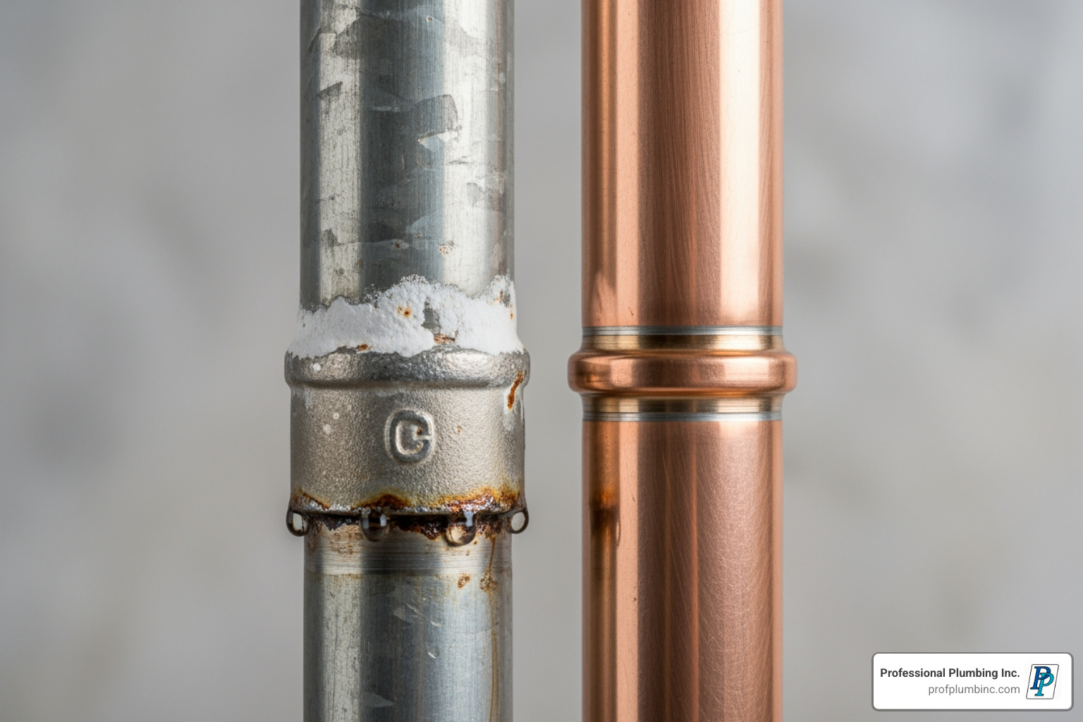 An older, slightly corroded pipe next to a new copper pipe, illustrating aging infrastructure in neighborhoods like Mesa Verde and College Park. - plumber services Costa Mesa An older, slightly corroded pipe next to a new copper pipe, illustrating aging infrastructure in neighborhoods like Mesa Verde and College Park. - plumber services Costa Mesa