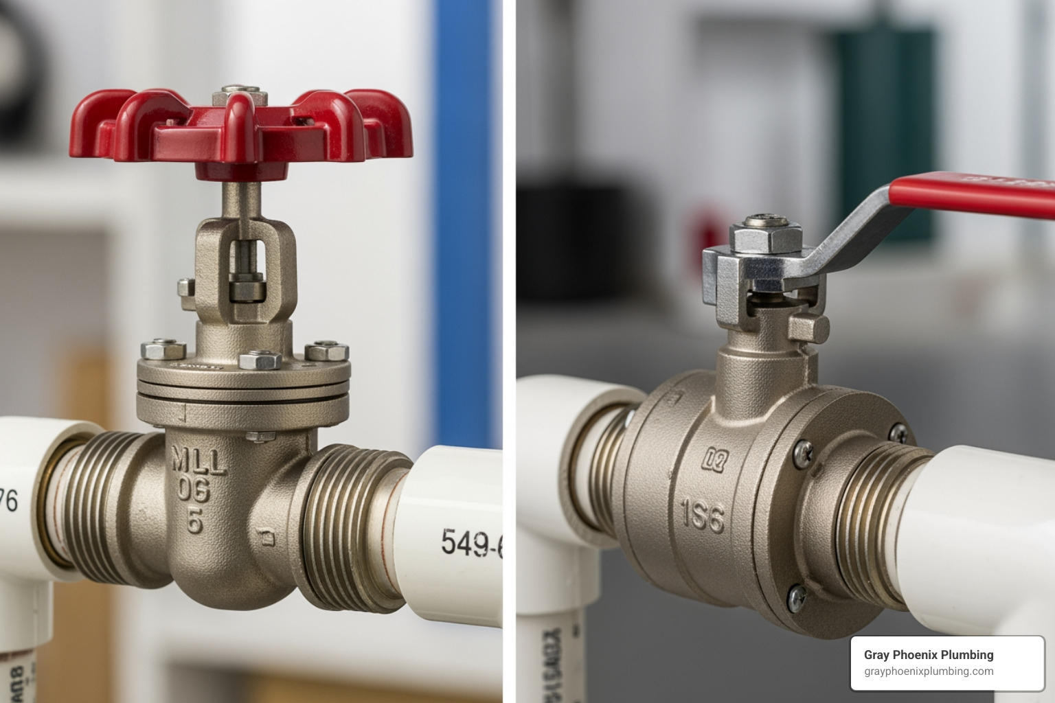 showing a side-by-side comparison of a round-handled gate valve and a lever-style ball valve - water heater emergency shut off valve showing a side-by-side comparison of a round-handled gate valve and a lever-style ball valve - water heater emergency shut off valve