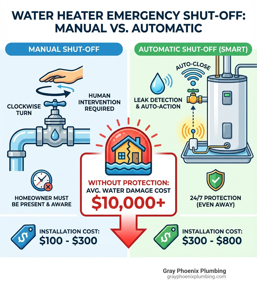 Infographic comparing water heater emergency shut-off valve options: manual valve on cold water inlet pipe requiring homeowner to turn clockwise to shut off versus automatic valve with moisture sensor in drain pan that detects leaks and automatically closes water supply, showing average water damage cost of $10,000+ without protection versus valve installation cost of $100-$300 for manual or $300-$800 for automatic systems - water heater emergency shut off valve infographic Infographic comparing water heater emergency shut-off valve options: manual valve on cold water inlet pipe requiring homeowner to turn clockwise to shut off versus automatic valve with moisture sensor in drain pan that detects leaks and automatically closes water supply, showing average water damage cost of $10,000+ without protection versus valve installation cost of $100-$300 for manual or $300-$800 for automatic systems - water heater emergency shut off valve infographic
