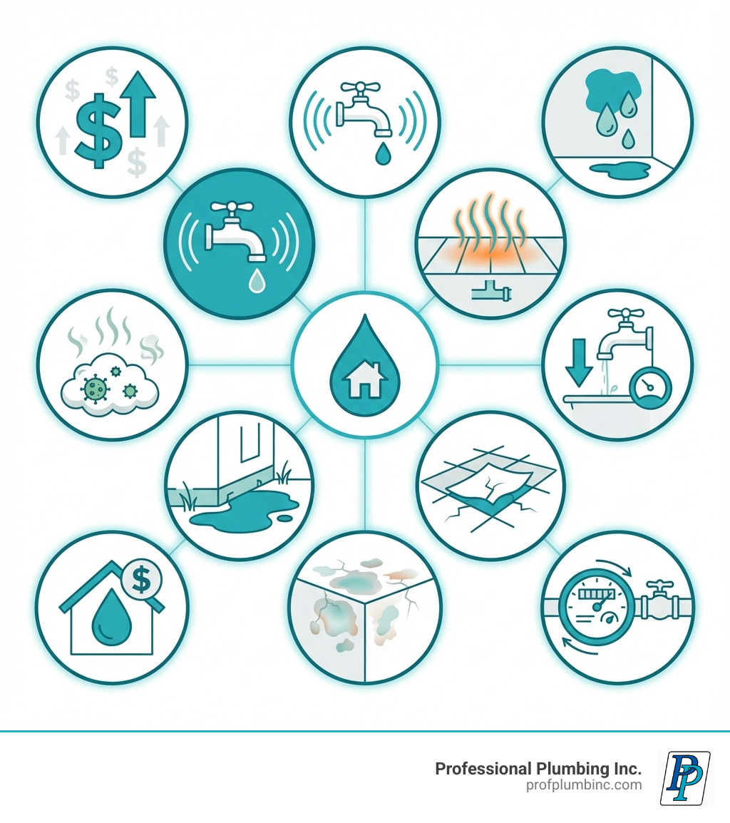 Infographic showing common signs of hidden water leaks in Garden Grove homes: unexplained high water bills with dollar signs and upward arrow, sound waves indicating running water when fixtures are off, damp spots on walls and floors with water droplets, warm spots on flooring indicating hot water line leaks, low water pressure from faucets, musty odors suggesting mold growth, puddles in yard near foundation, discolored patches on ceilings and walls, warped or buckling floor tiles, and spinning water meter dial when no water is in use - leak detection garden grove infographic Infographic showing common signs of hidden water leaks in Garden Grove homes: unexplained high water bills with dollar signs and upward arrow, sound waves indicating running water when fixtures are off, damp spots on walls and floors with water droplets, warm spots on flooring indicating hot water line leaks, low water pressure from faucets, musty odors suggesting mold growth, puddles in yard near foundation, discolored patches on ceilings and walls, warped or buckling floor tiles, and spinning water meter dial when no water is in use - leak detection garden grove infographic