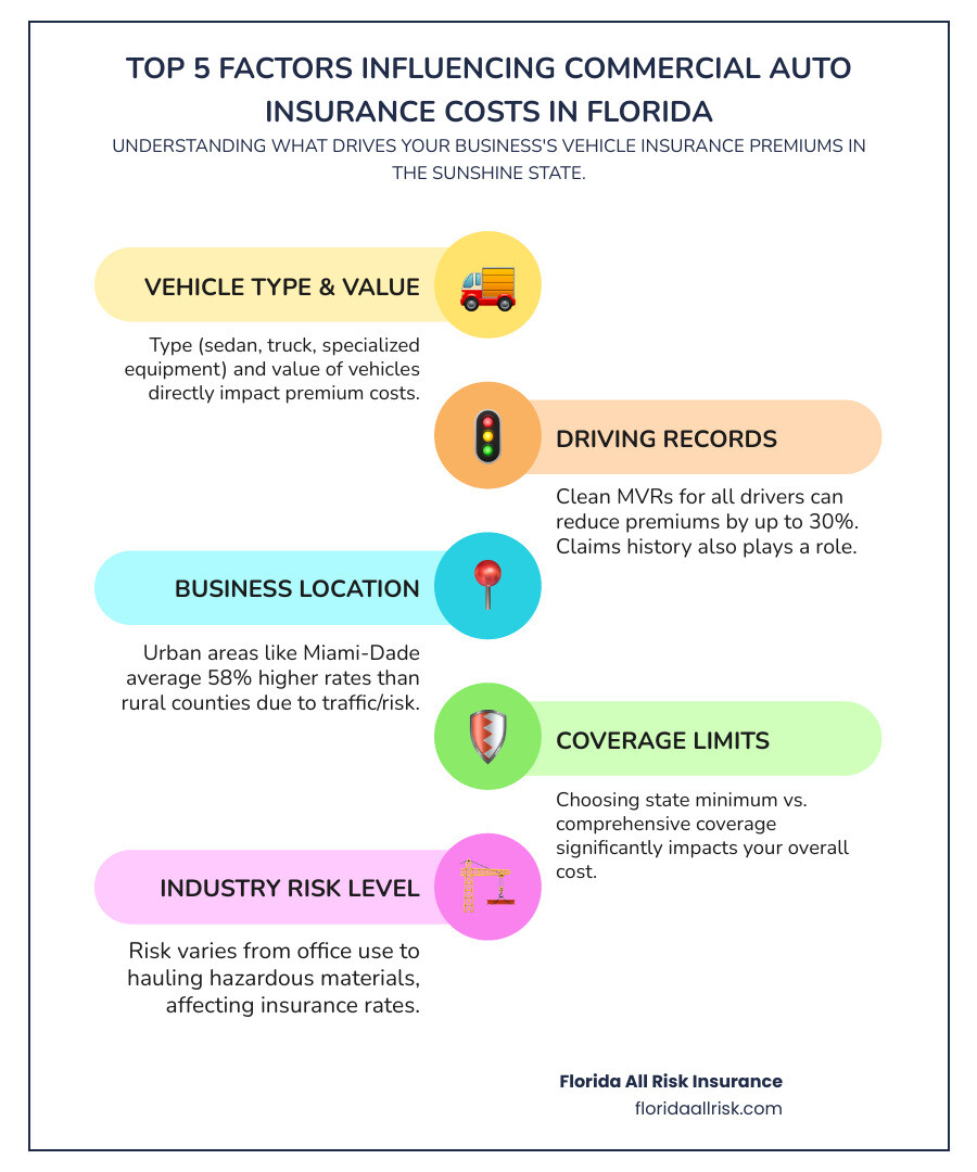 Infographic showing the top 5 factors influencing commercial auto insurance costs in Florida: 1. Vehicle Type & Value (sedans vs. trucks vs. specialized equipment), 2. Driving Records (clean MVRs reduce premiums by up to 30%), 3. Location (Miami-Dade averages 58% higher than rural counties), 4. Coverage Limits (state minimum vs. comprehensive protection), and 5. Industry Risk Level (office use vs. hauling hazardous materials). Each factor includes a percentage impact indicator and relevant cost comparison data. - how much is commercial auto insurance in florida infographic infographic-line-5-steps-colors
