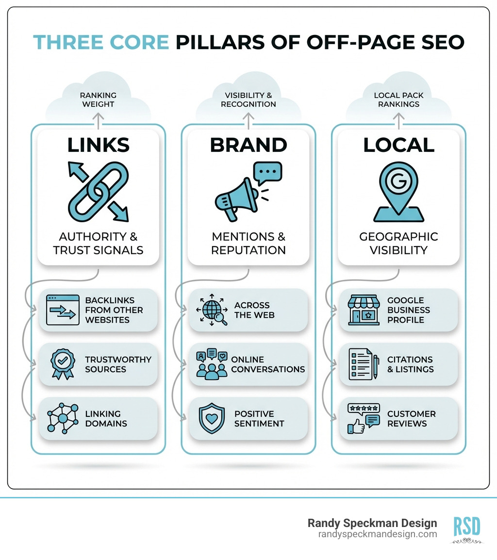 Infographic showing the three core pillars of off-page SEO: Links representing authority and trust signals through backlinks from other websites, Brand showing mentions and reputation across the web, and Local featuring Google Business Profile optimization, citations, and reviews for geographic visibility - off page seo ranking factors infographic 