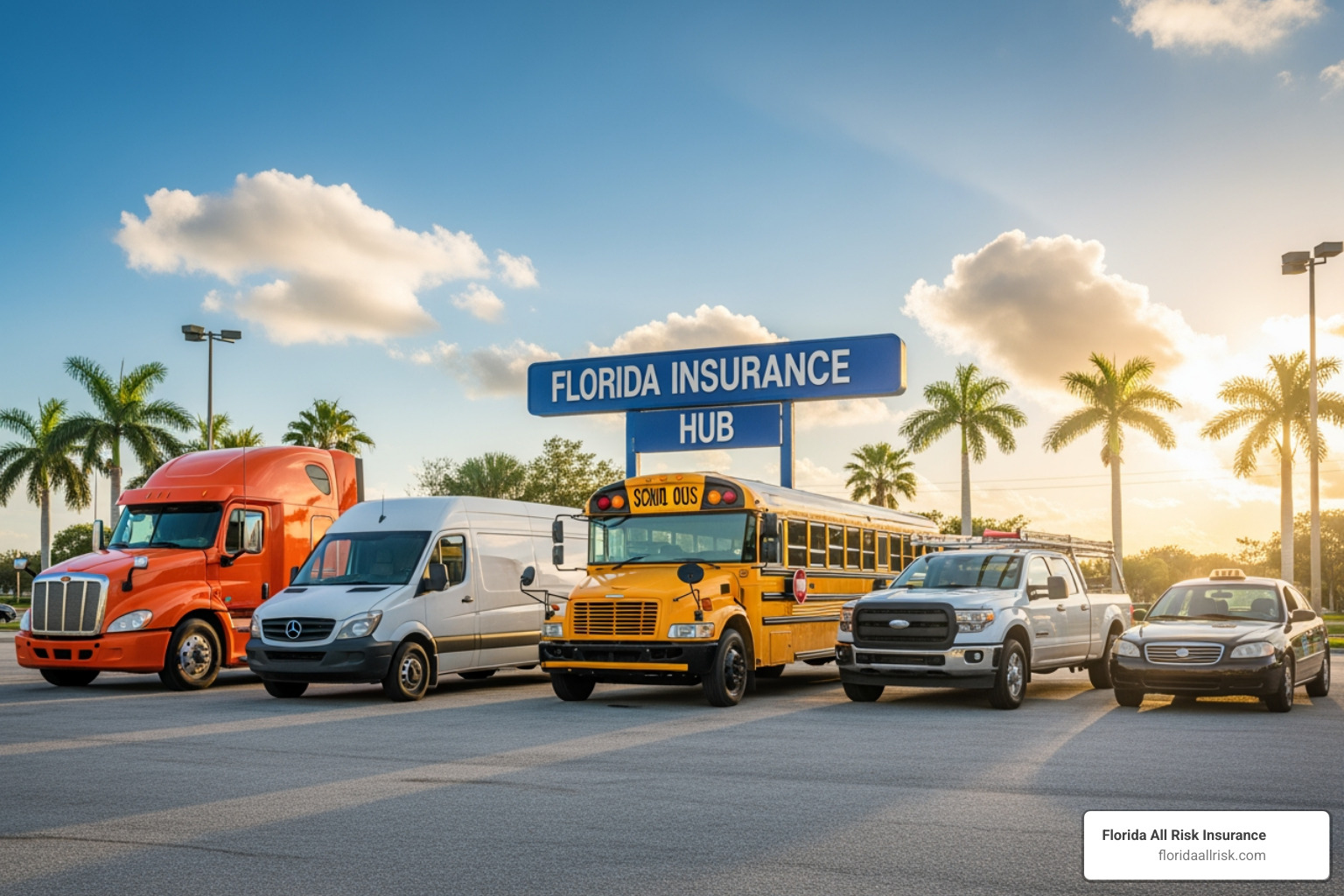 A diverse fleet of commercial vehicles, including a sedan, a cargo van, and a pickup truck, parked neatly in a business lot under the Florida sun. - how much is commercial auto insurance in florida