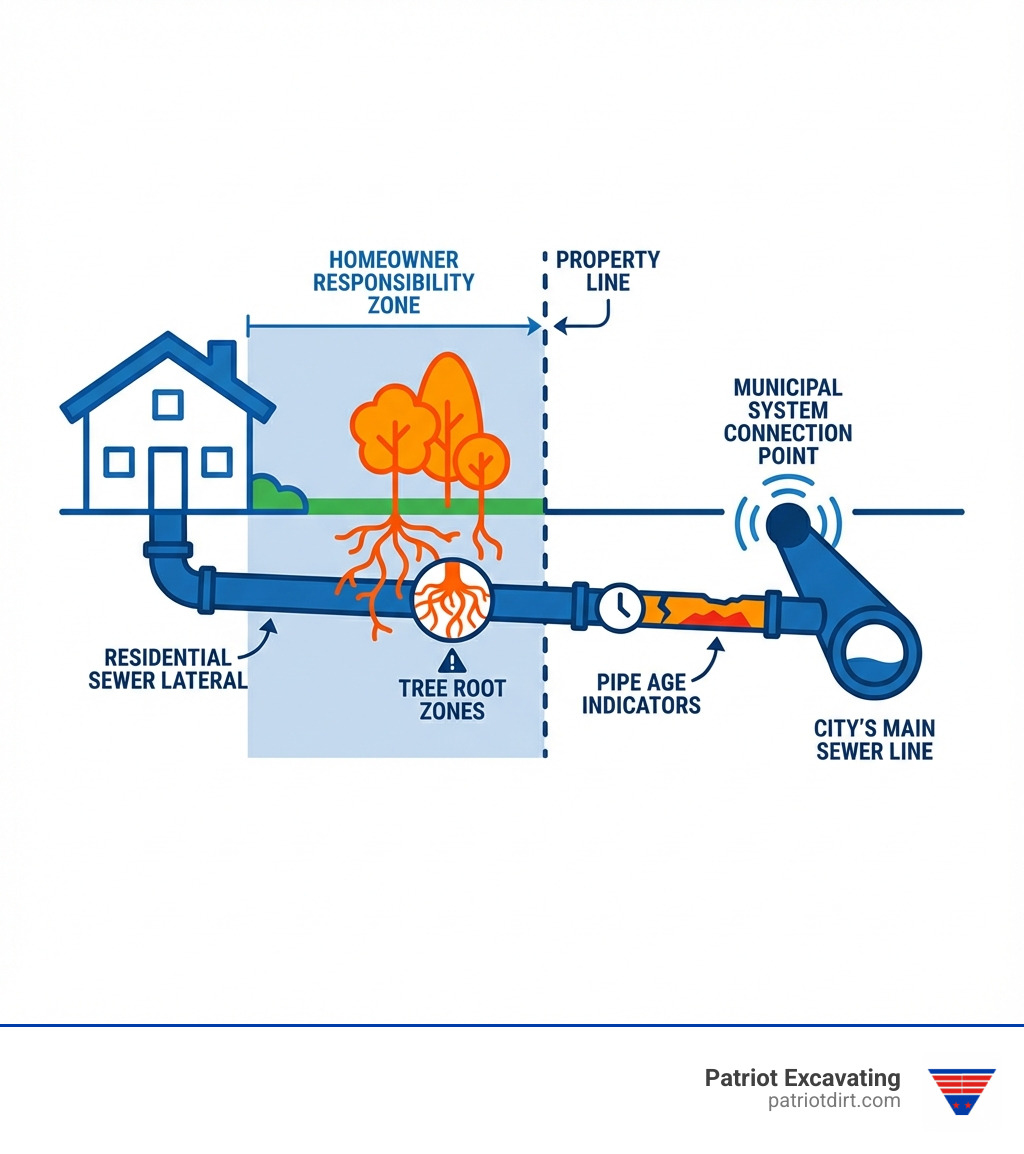 Infographic showing the path of a residential sewer lateral from a house through the yard to the city's main sewer line, with labels indicating homeowner responsibility zone, property line, and municipal system connection point. Includes markers for common problem areas like tree root zones and pipe age indicators. - Sewer line repair Greenwood infographic Infographic showing the path of a residential sewer lateral from a house through the yard to the city's main sewer line, with labels indicating homeowner responsibility zone, property line, and municipal system connection point. Includes markers for common problem areas like tree root zones and pipe age indicators. - Sewer line repair Greenwood infographic