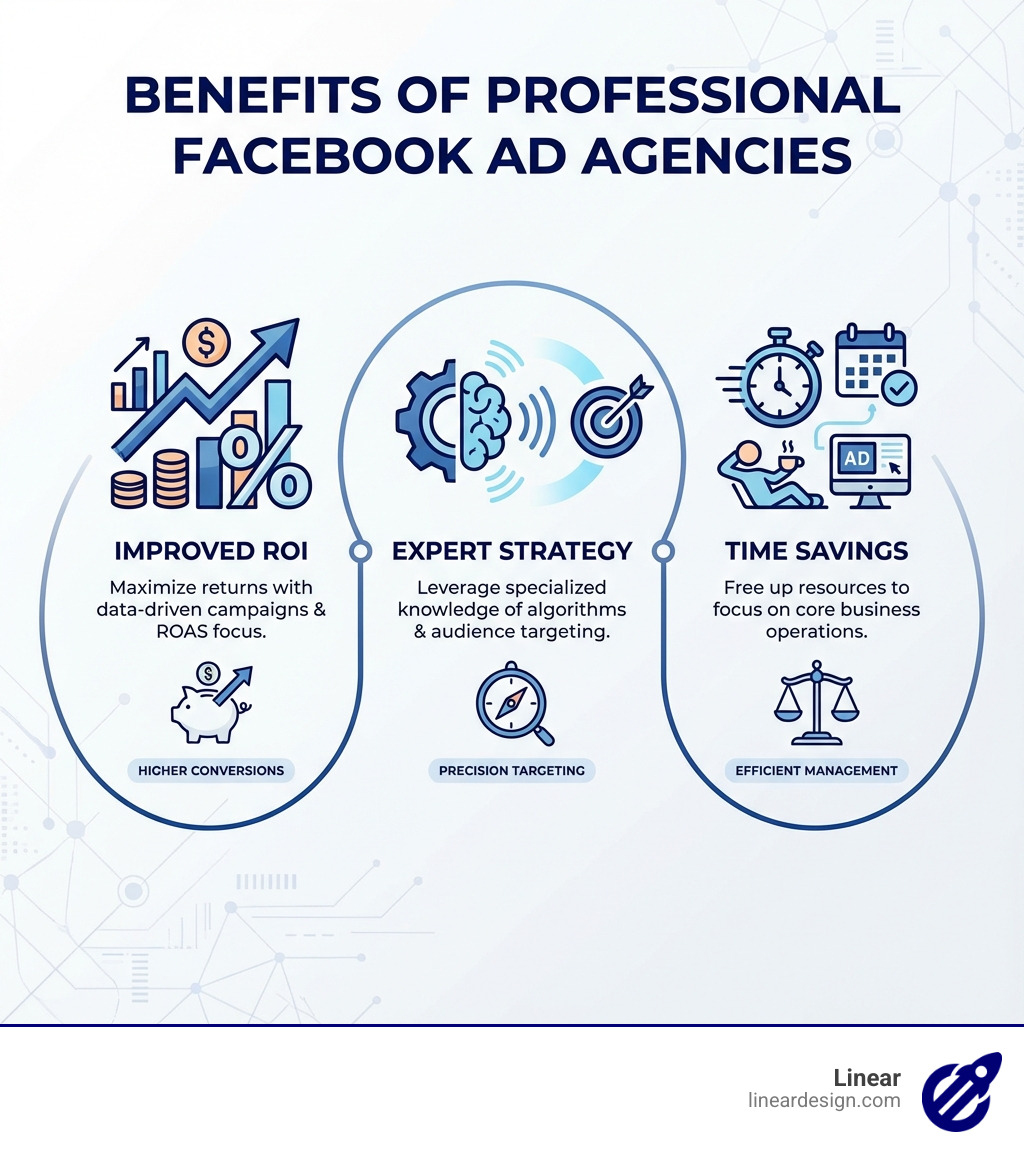 Infographic showing the benefits of hiring a professional Facebook ad agency, such as improved ROI, expert strategy, and time savings - facebook ad companies infographic 