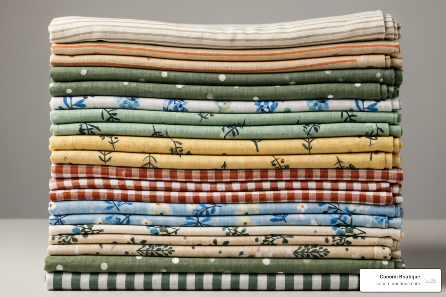 Stack of folded bamboo muslin blankets from Cocomi Boutique in various beautiful patterns and colors - Bamboo muslin blanket