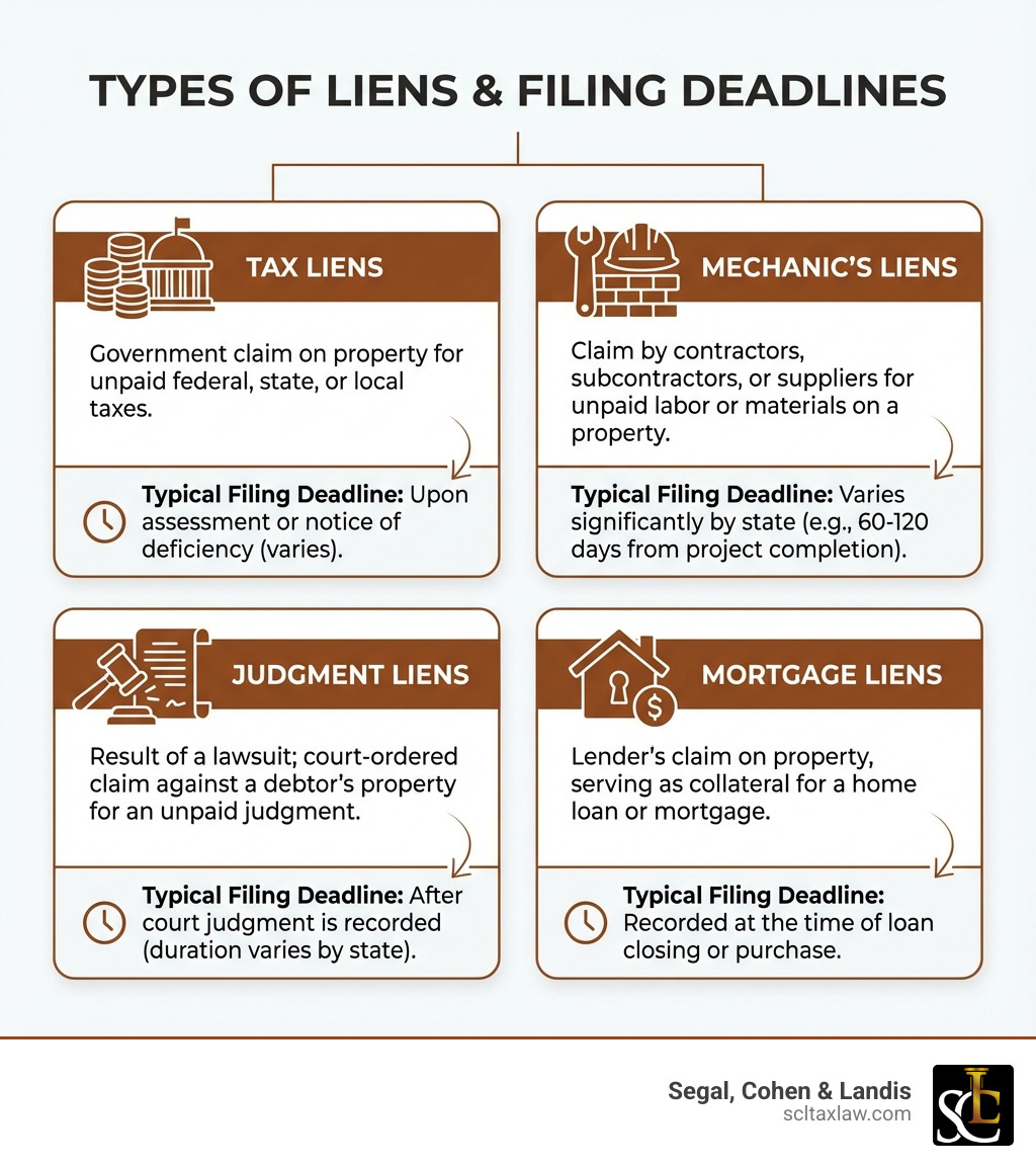 infographic showing types of liens including tax liens, mechanic's liens, judgment liens, and mortgage liens with brief descriptions of each and their typical filing deadlines - lien attorneys near me infographic 