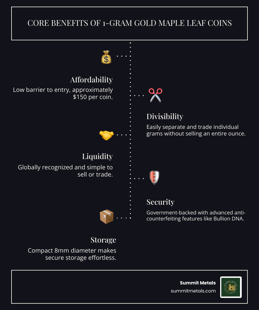 Infographic showing the core benefits of 1-gram Gold Maple Leaf coins: Affordability (low barrier to entry at approximately $150 per coin), Divisibility (easily separate and trade individual grams without selling an entire ounce), Liquidity (globally recognized and simple to sell or trade), Security (government-backed with advanced anti-counterfeiting features like Bullion DNA and laser micro-engraving), and Storage (compact 8mm diameter makes secure storage effortless) - maple grams gold infographic infographic-line-5-steps-dark