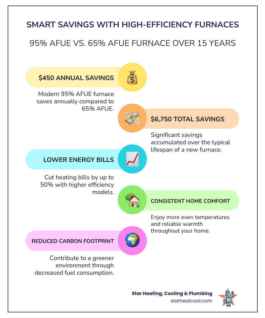 Infographic showing how a 95% AFUE gas furnace saves $450 annually compared to a 65% AFUE furnace, resulting in $6,750 in savings over 15 years, with icons representing lower energy bills, reduced fuel waste, consistent home comfort, and smaller carbon footprint - affordable gas furnaces in fishers, in infographic infographic-line-5-steps-colors Infographic showing how a 95% AFUE gas furnace saves $450 annually compared to a 65% AFUE furnace, resulting in $6,750 in savings over 15 years, with icons representing lower energy bills, reduced fuel waste, consistent home comfort, and smaller carbon footprint - affordable gas furnaces in fishers, in infographic infographic-line-5-steps-colors