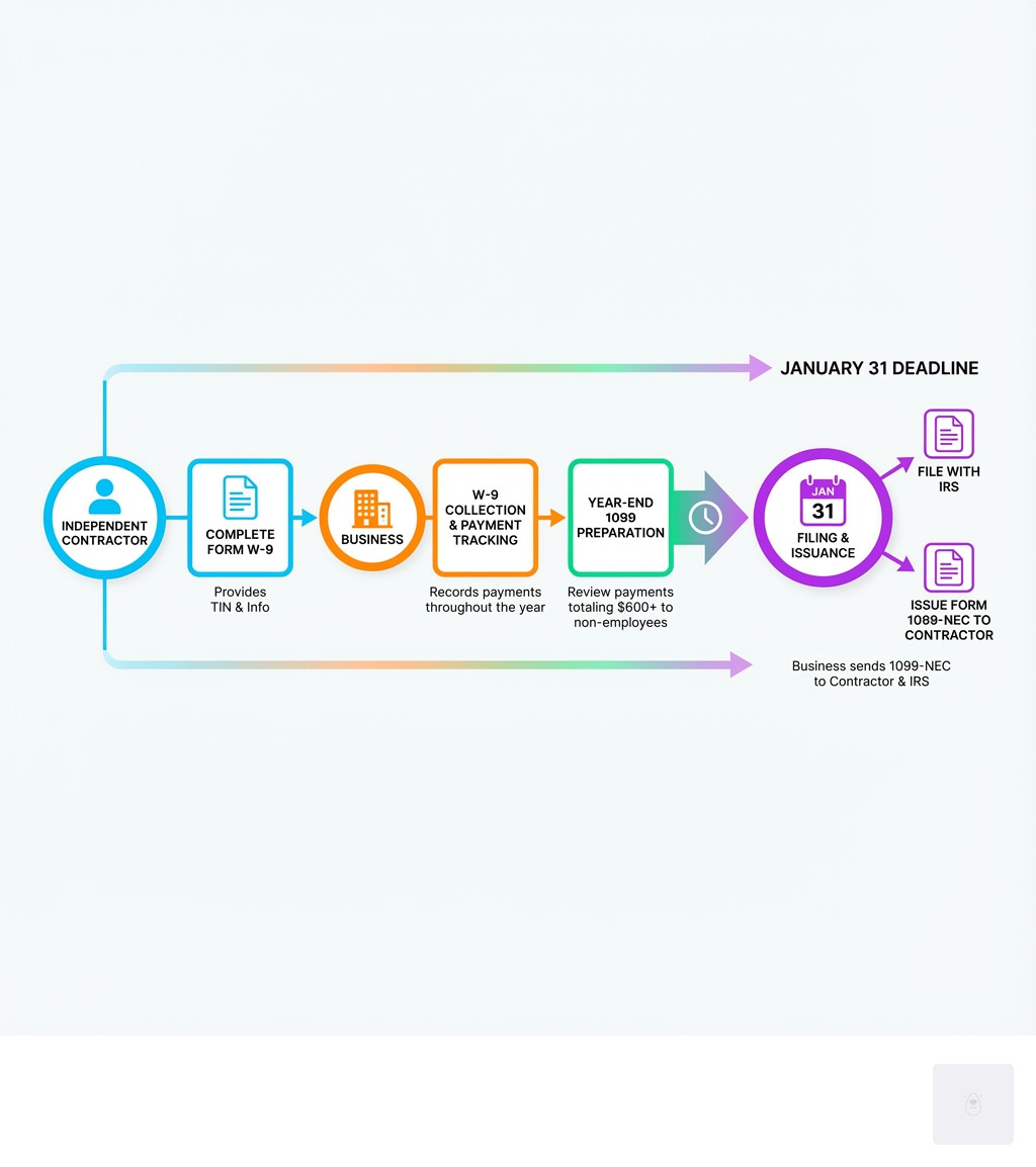 infographic showing the workflow from contractor completing W-9 form to business issuing 1099-NEC, with key dates January 31 filing deadline and steps including W-9 collection, payment tracking, and year-end 1099 preparation - 1099 for employees to fill out infographic 