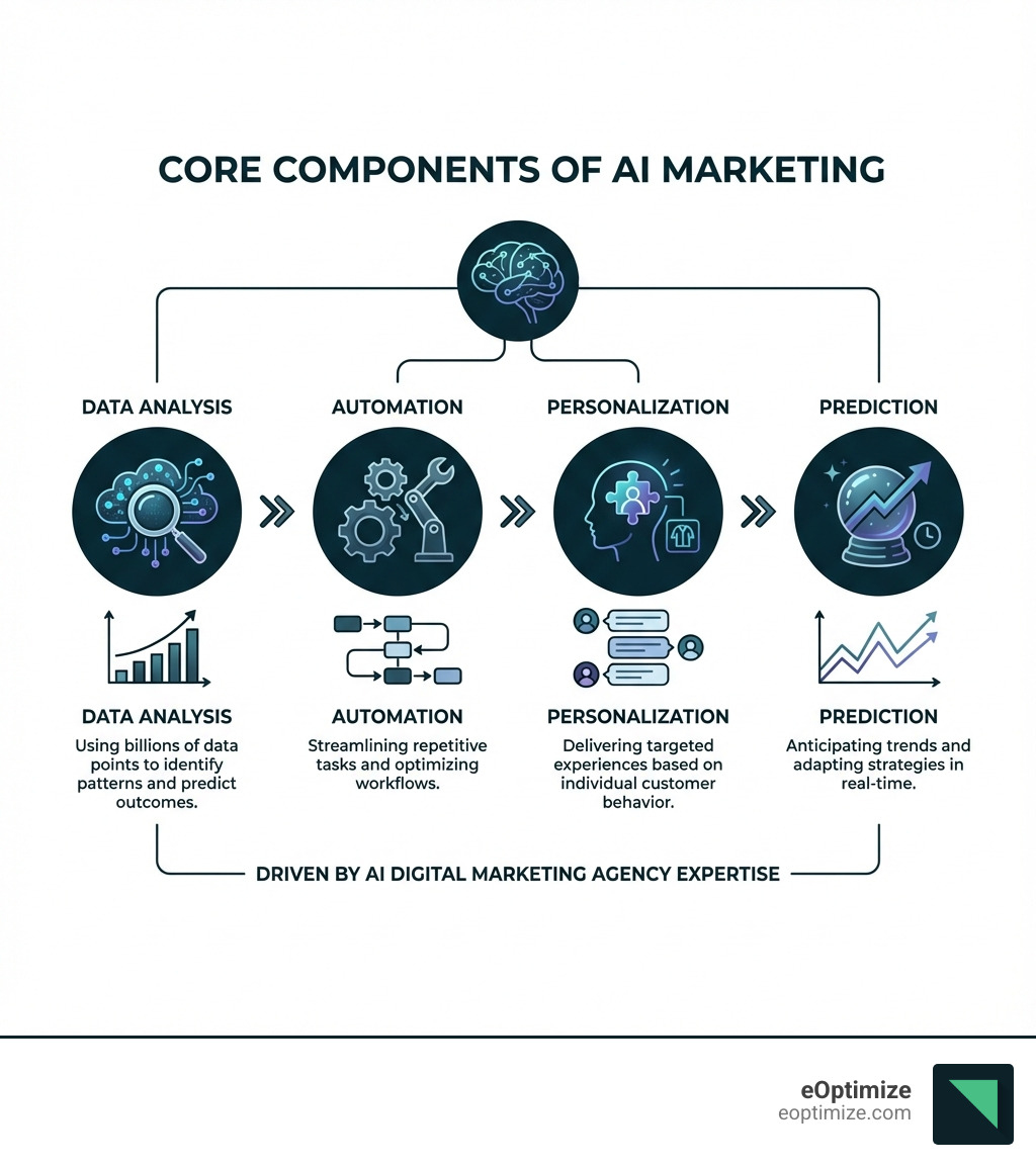 Infographic explaining the core components of AI marketing: Data Analysis (using billions of data points to identify patterns and predict outcomes), Automation (streamlining repetitive tasks and optimizing workflows), Personalization (delivering targeted experiences based on individual customer behavior), and Prediction (anticipating trends and adapting strategies in real-time) - Digital marketing agency AI infographic 