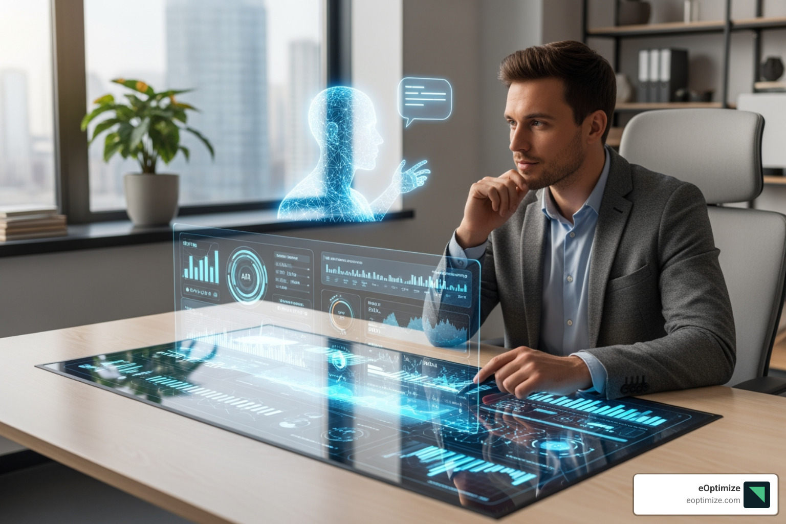 marketer collaborating with an AI interface on a strategic plan - Digital marketing agency AI