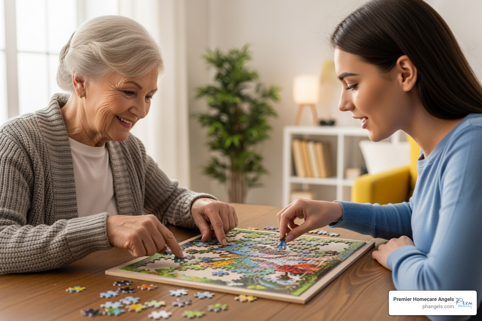senior and companion working on a puzzle together - senior living companion services