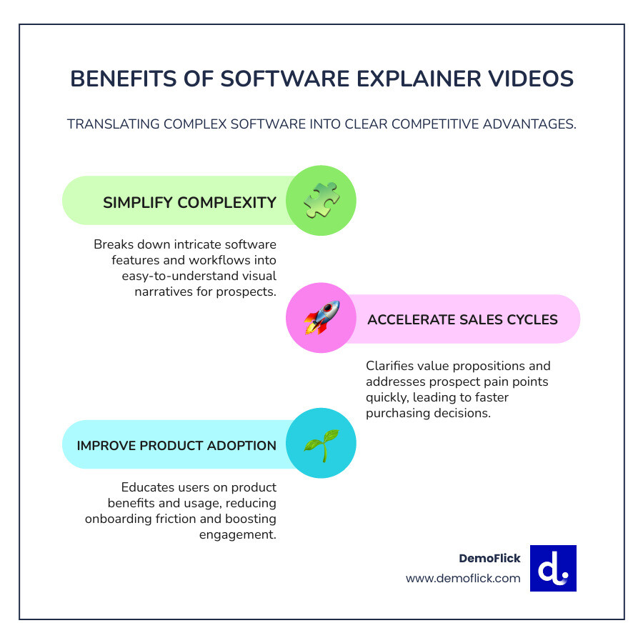 infographic explaining the key business benefits of software explainer videos: simplifying complexity, accelerating sales cycles, and improving product adoption - Software explainer video infographic infographic-line-3-steps-colors infographic explaining the key business benefits of software explainer videos: simplifying complexity, accelerating sales cycles, and improving product adoption - Software explainer video infographic infographic-line-3-steps-colors