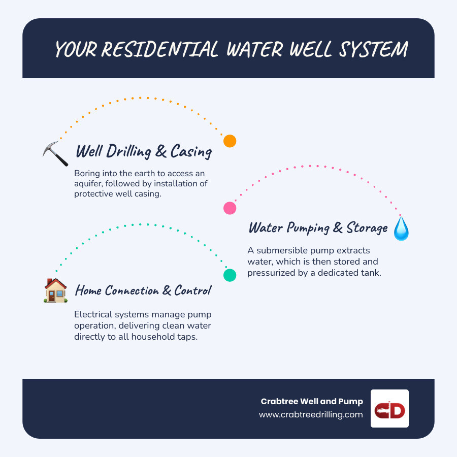 Infographic showing the complete residential water well system from underground drilling through bedrock layers, well casing installation, submersible pump placement, water line connection to pressure tank, electrical control box, and final delivery to household taps with labels for each major component - water well drilling quotes infographic infographic-line-3-steps-blues-accent_colors