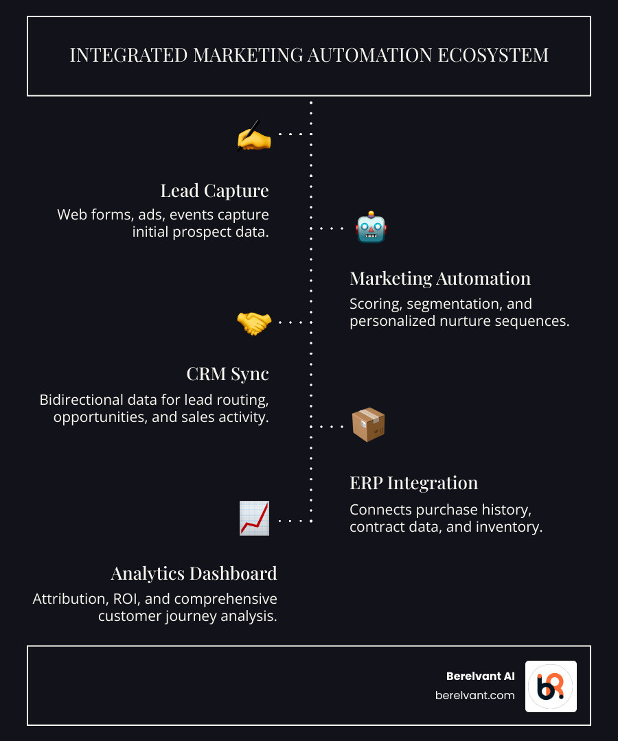 Infographic showing the flow of data in an integrated marketing automation ecosystem: Lead Capture (web forms, ads, events) flows into Marketing Automation Platform (scoring, segmentation, nurture), which syncs bidirectionally with CRM (lead routing, opportunity tracking, sales activity), connects to ERP (purchase history, contract data, inventory), and feeds Analytics Dashboard (attribution, ROI, customer journey)—all governed by a unified data layer ensuring real-time synchronization and a single source of truth - marketing automation systems integration infographic infographic-line-5-steps-dark