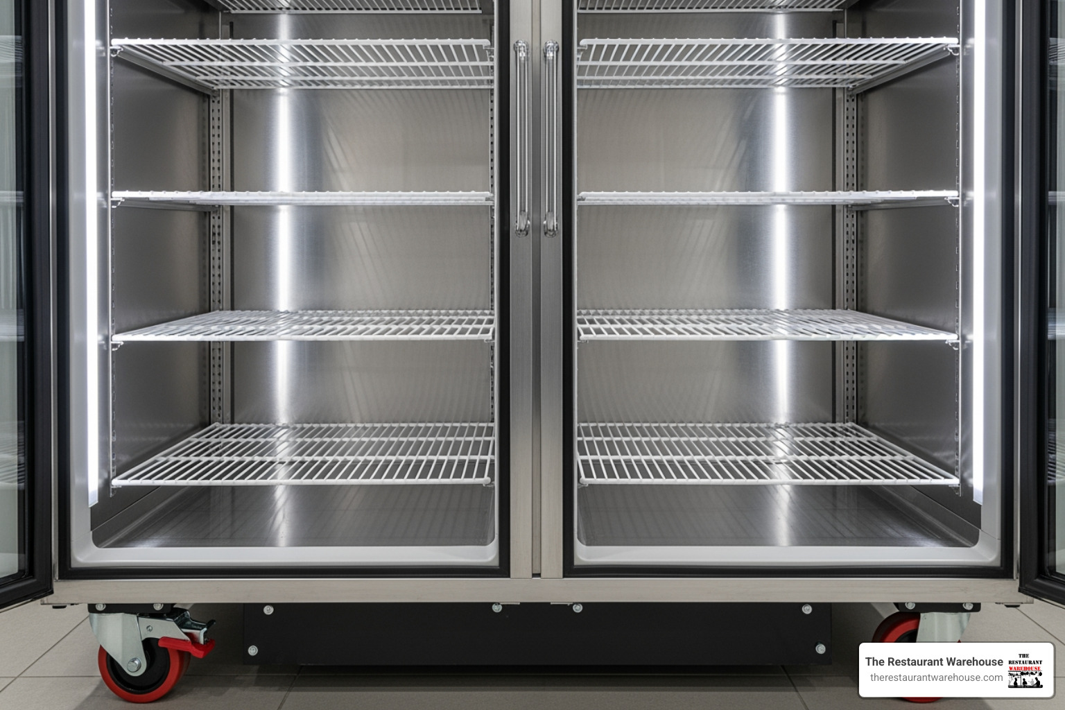 Heavy-duty, pre-installed casters with brakes and adjustable, epoxy-coated shelves inside an Atosa 2-door refrigerator. - atosa 2 door refrigerator