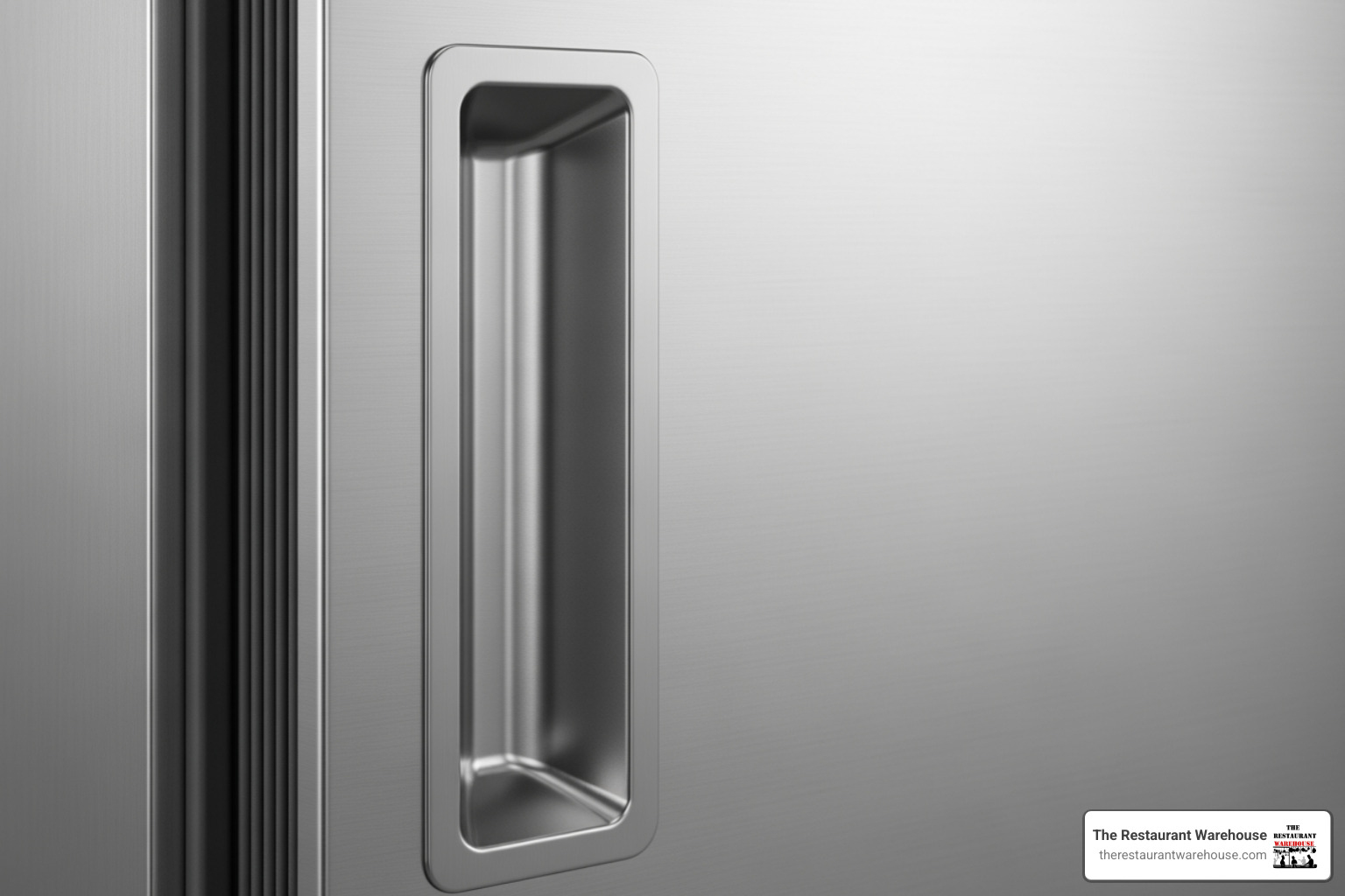 A close-up shot showcasing the recessed door handle and the flexible magnetic door gasket of an Atosa refrigerator. - atosa 2 door refrigerator