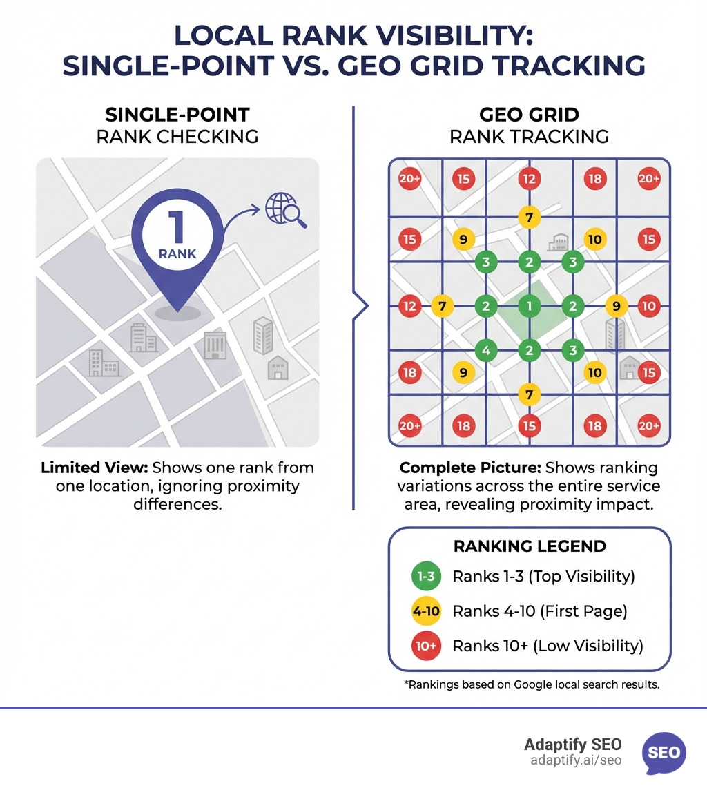 Infographic showing the difference between single-point rank checking (one pin on a map with a single number) versus geo grid rank tracking (a grid overlay with multiple color-coded points showing ranking variations across different neighborhoods, with a legend indicating green for ranks 1-3, yellow for 4-10, and red for 10+) - geo grid rank tracker infographic