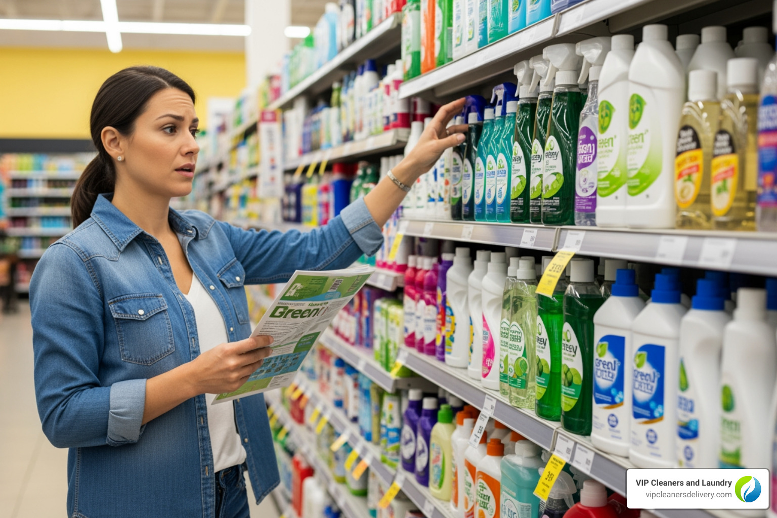 consumer looking confused at products with various green labels - eco-friendly