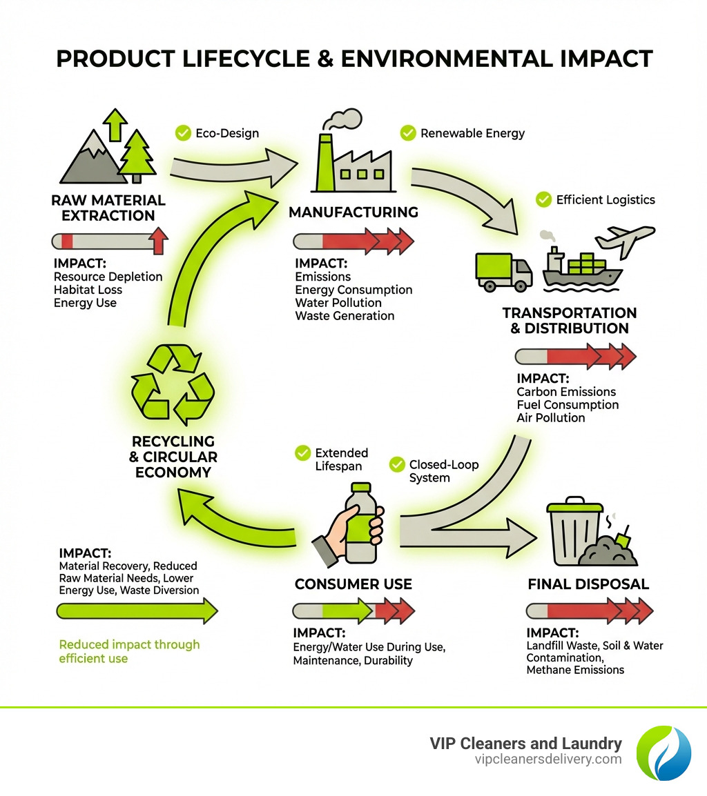infographic showing product lifecycle from raw material extraction through manufacturing, transportation, consumer use, and final disposal or recycling, with environmental impact indicators at each stage - eco-friendly infographic 