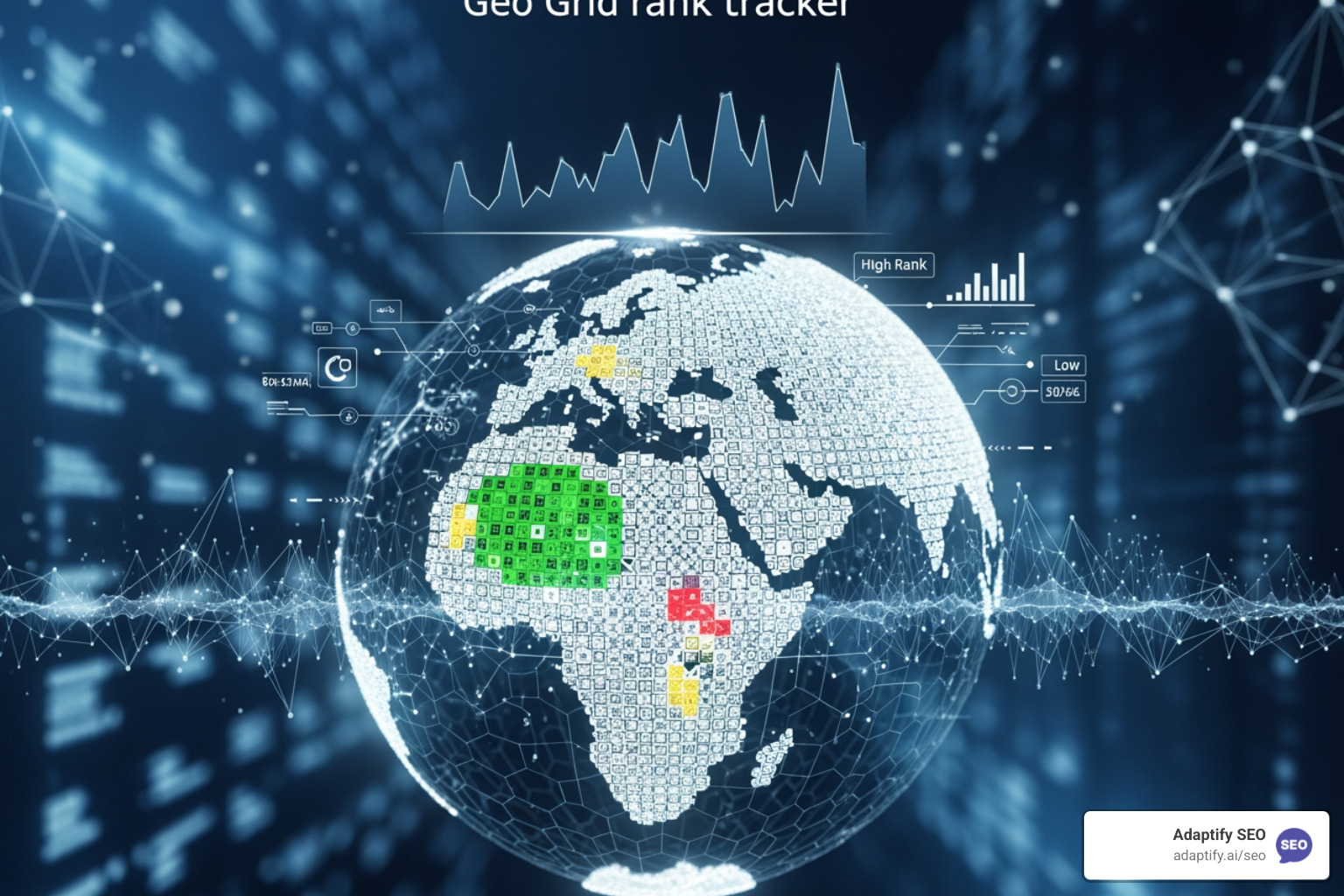 A geo grid rank tracker dashboard displaying a vibrant heatmap. The map shows different color-coded grid points indicating varying local search rankings for a business across a city. - geo grid rank tracker