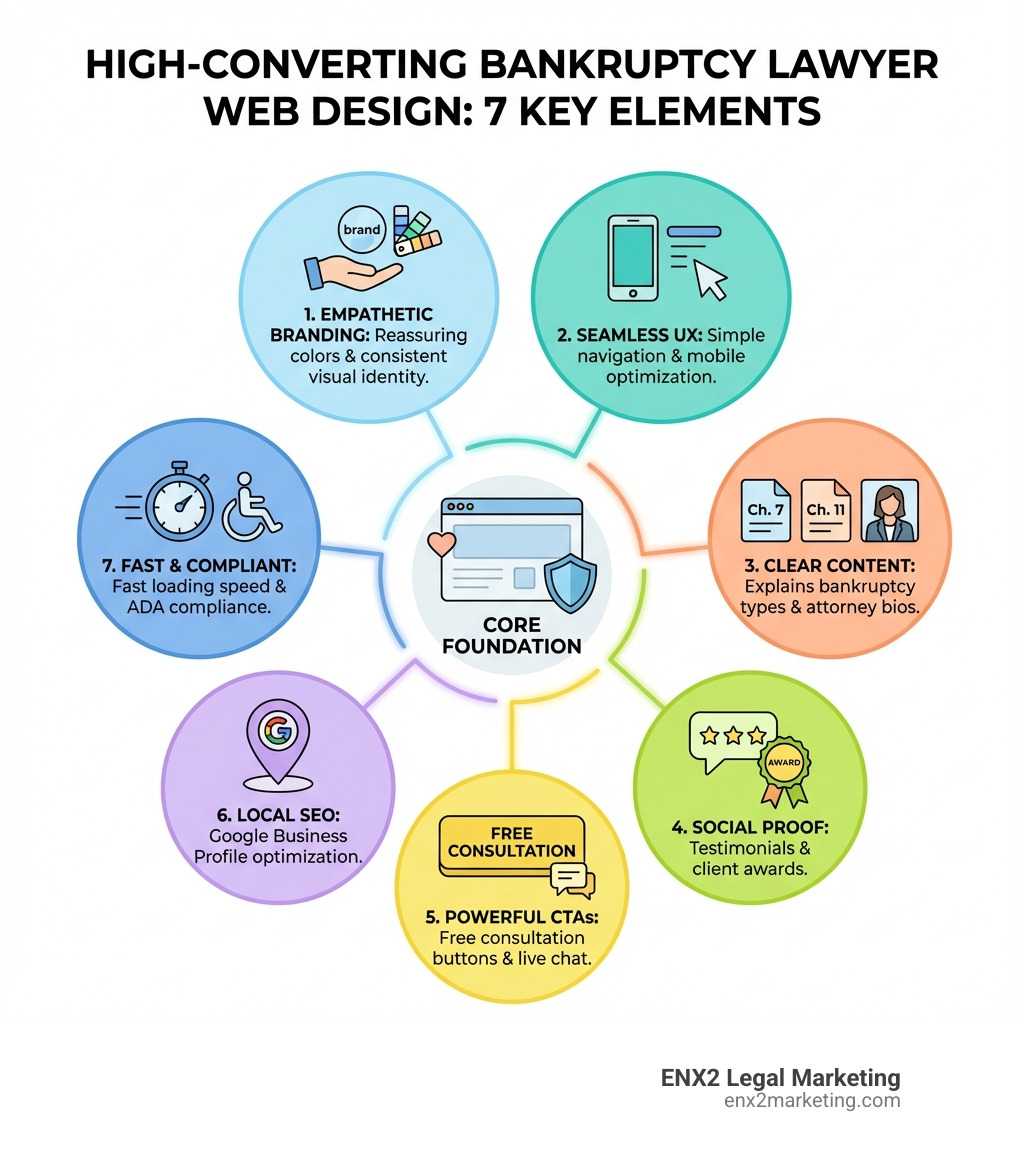 Infographic showing the 7 key elements of high-converting bankruptcy lawyer web design: 1) Empathetic branding with reassuring colors and consistent visual identity, 2) Seamless UX with simple navigation and mobile optimization, 3) Clear content explaining bankruptcy types with attorney bios, 4) Social proof through testimonials and awards, 5) Powerful CTAs with free consultation buttons and live chat, 6) Local SEO with Google Business Profile optimization, 7) Fast loading speed and ADA compliance - bankruptcy lawyer web design infographic 
