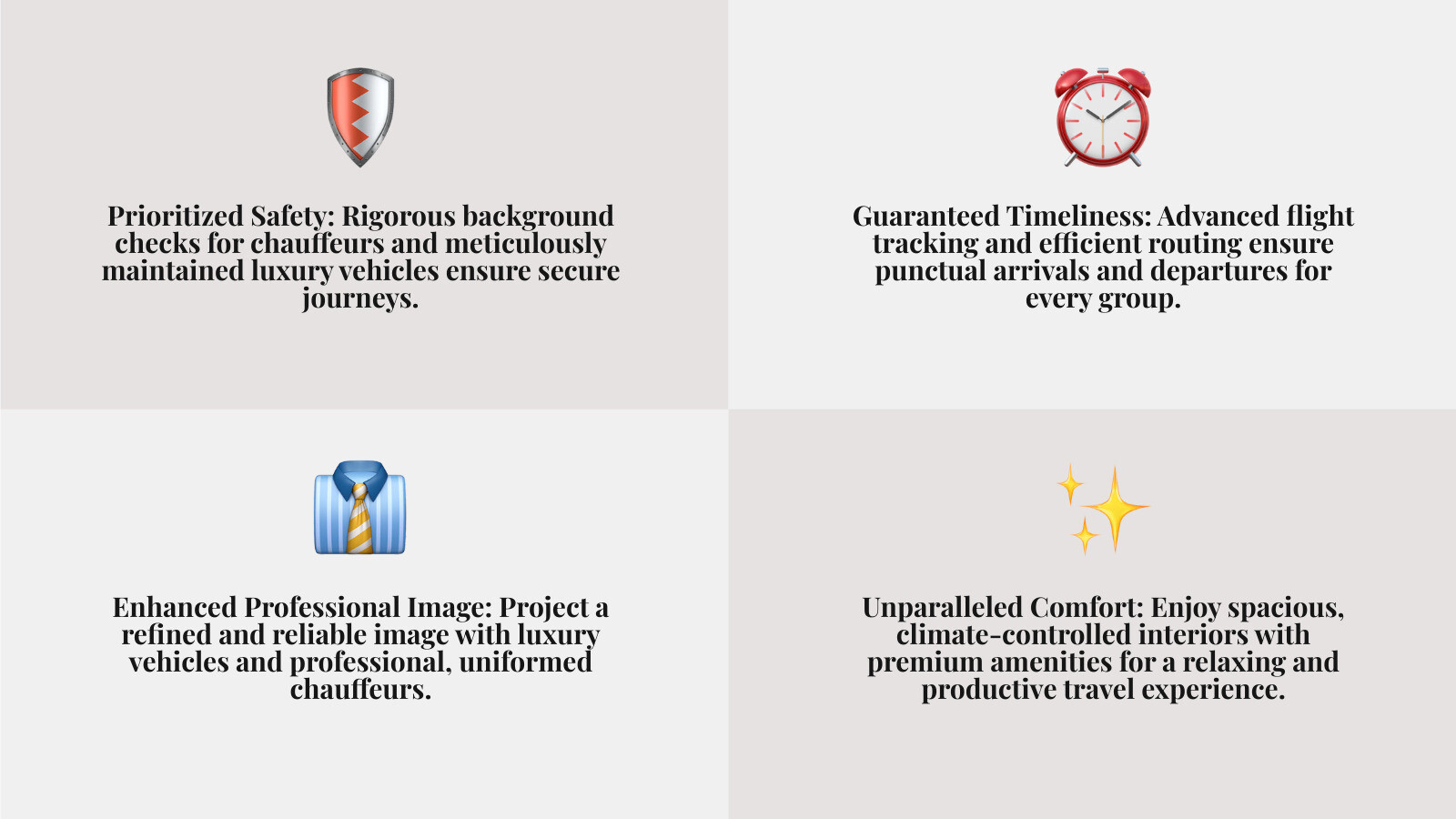 infographic showing benefits of executive group transportation: safety ratings, on-time performance, professional image enhancement, and passenger comfort features - Executive group transportation infographic 4_facts_emoji_grey infographic showing benefits of executive group transportation: safety ratings, on-time performance, professional image enhancement, and passenger comfort features - Executive group transportation infographic 4_facts_emoji_grey