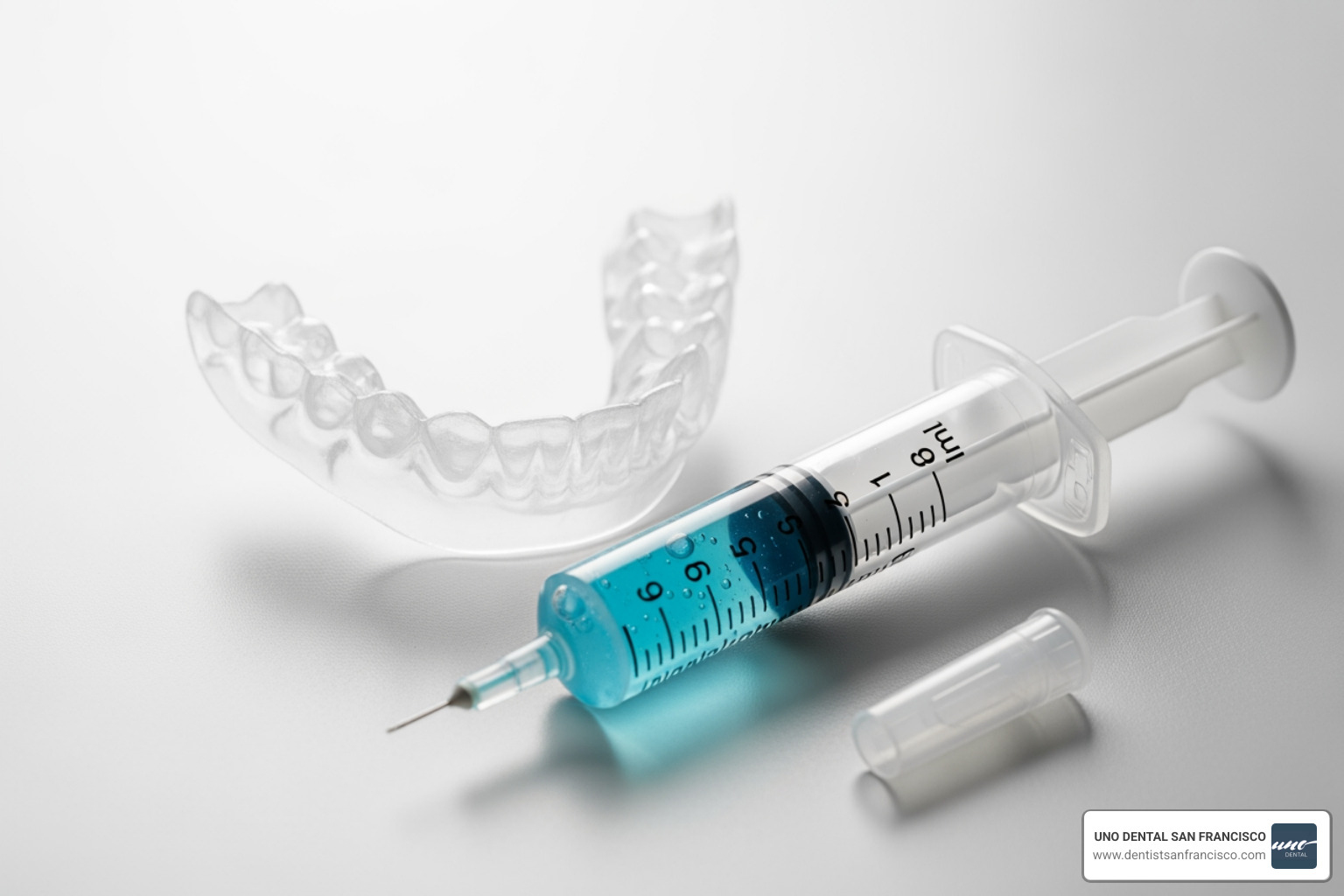 UNO DENTAL SAN FRANCISCO custom-fit trays next to a whitening gel syringe - bleach for teeth whitening trays UNO DENTAL SAN FRANCISCO custom-fit trays next to a whitening gel syringe - bleach for teeth whitening trays