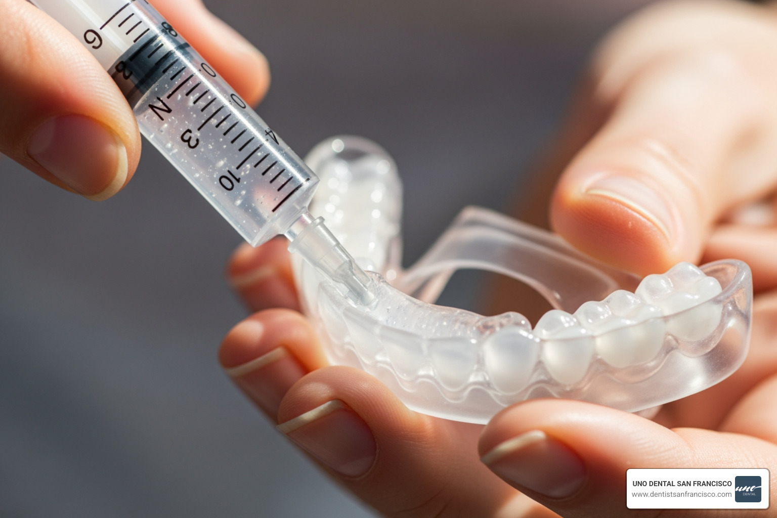 Step-by-step application of gel into a custom tray - bleach for teeth whitening trays Step-by-step application of gel into a custom tray - bleach for teeth whitening trays